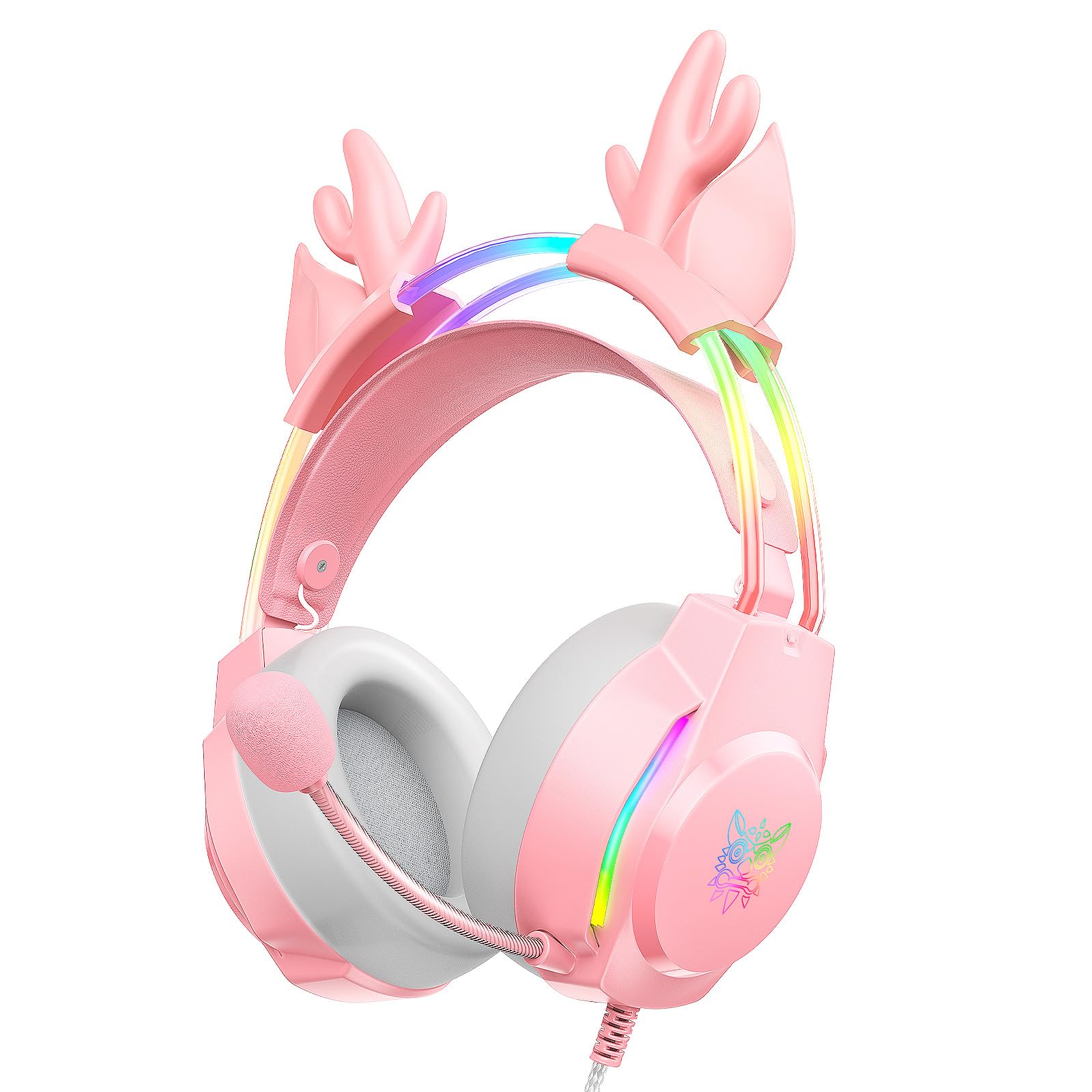 Gaming Headset with Microphone, Deer Ears Headphones for PC Laptop PS4 PS5 Xbox Switch, Rainbow RGB Lighting & Virtual Surround Sound, 3.5mm Over Ear Headphones, Ergonomic