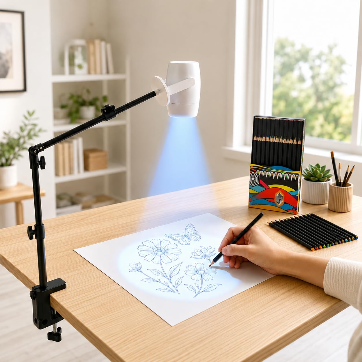 Art Projector for Tracing Drawing Painting, 1080P Drawing Projector with WiFi 6 & Bluetooth 5.0, iOS/Android Wireless Connection, Desk Clamp Projection Sketching Tool with 12-Color Rainbow Pencils-image-44