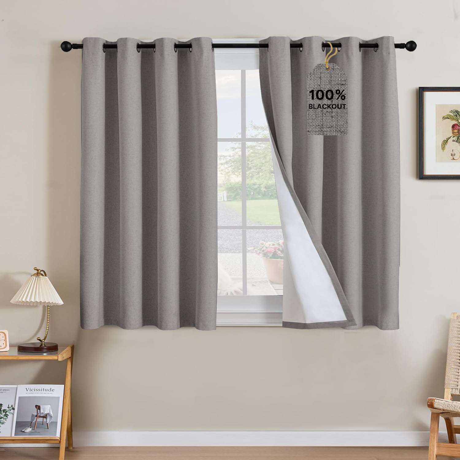 H.VERSAILTEX Linen Curtains 100% Blackout Curtains for Bedroom 45 inch Long Full Light Blocking Nature Linen Blended Window Curtains for Living Room Nickel Grommet (2 Panels, Heathered Dove)