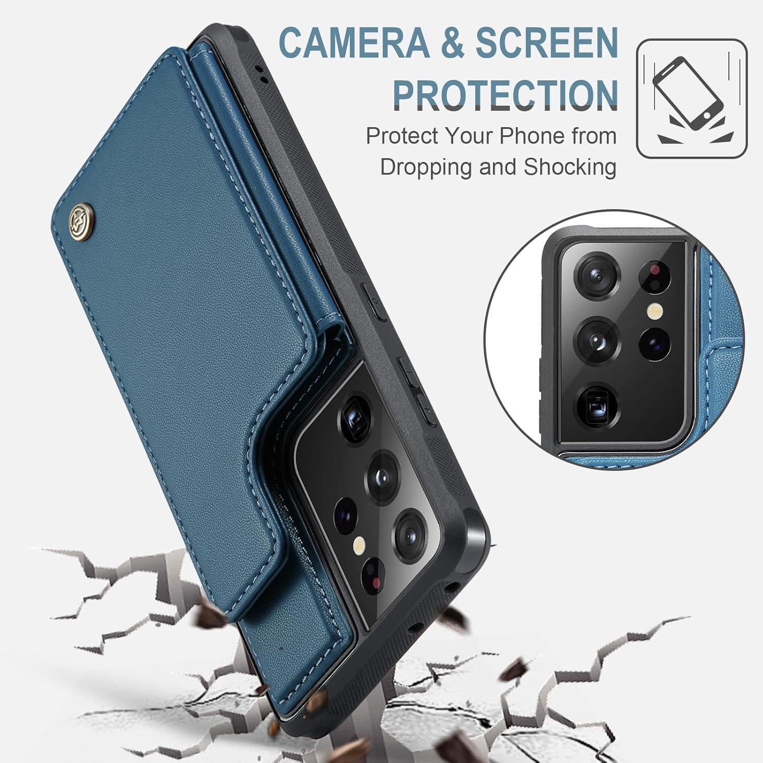 Vinich for Samsung Galaxy S21 Ultra Wallet Case with Card Holder, RFID Blocking Credit Slots Kickstand Shockproof Phone Cover Fit for Galaxy S21 Ultra 6.8" Blue - Image 5