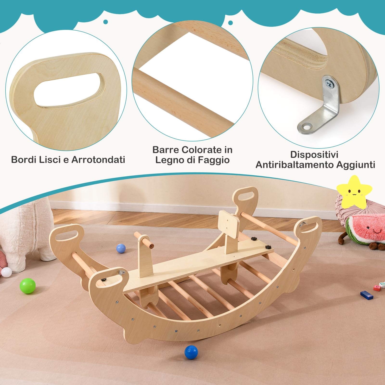 COSTWAY 4 in 1 Arrampicata per Bambini, Arco Cavallo a Dondolo Multifunzionale in Legno, Dondolo a 35°, Ideale per Bambini 1-5 Anni, 112 x 52 x 44 cm (Naturale)