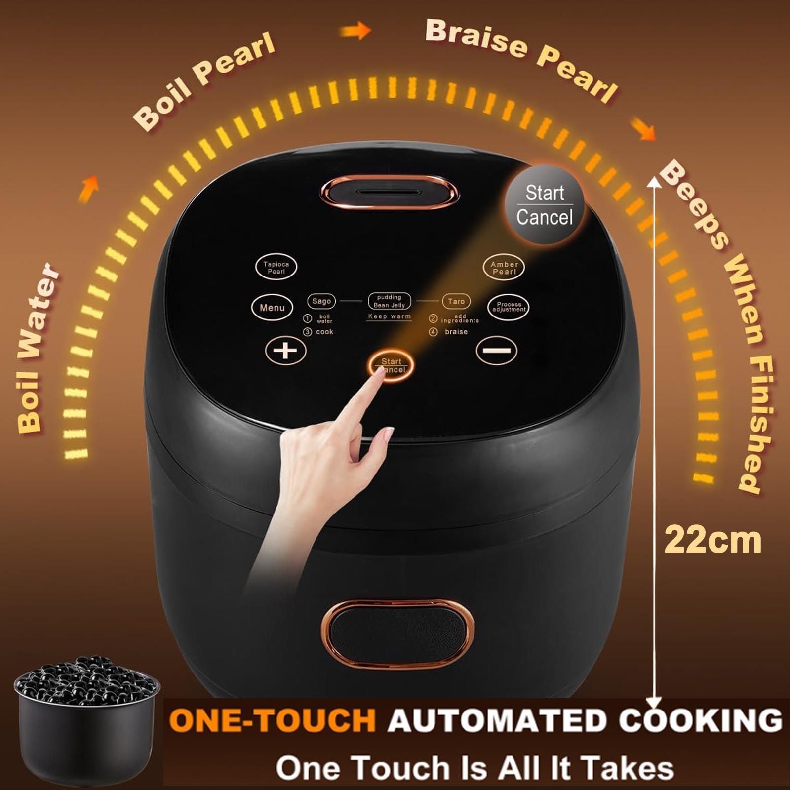 Smart Pearl Cooker 5L,900W Vollautomatischer Perlentopf | Kommerzieller Boba-Perlen-Tapioka-Kocher, | Perlenkocher Aus Braunem Zucker | Antihaftbeschichtung/Touchscreen,Black