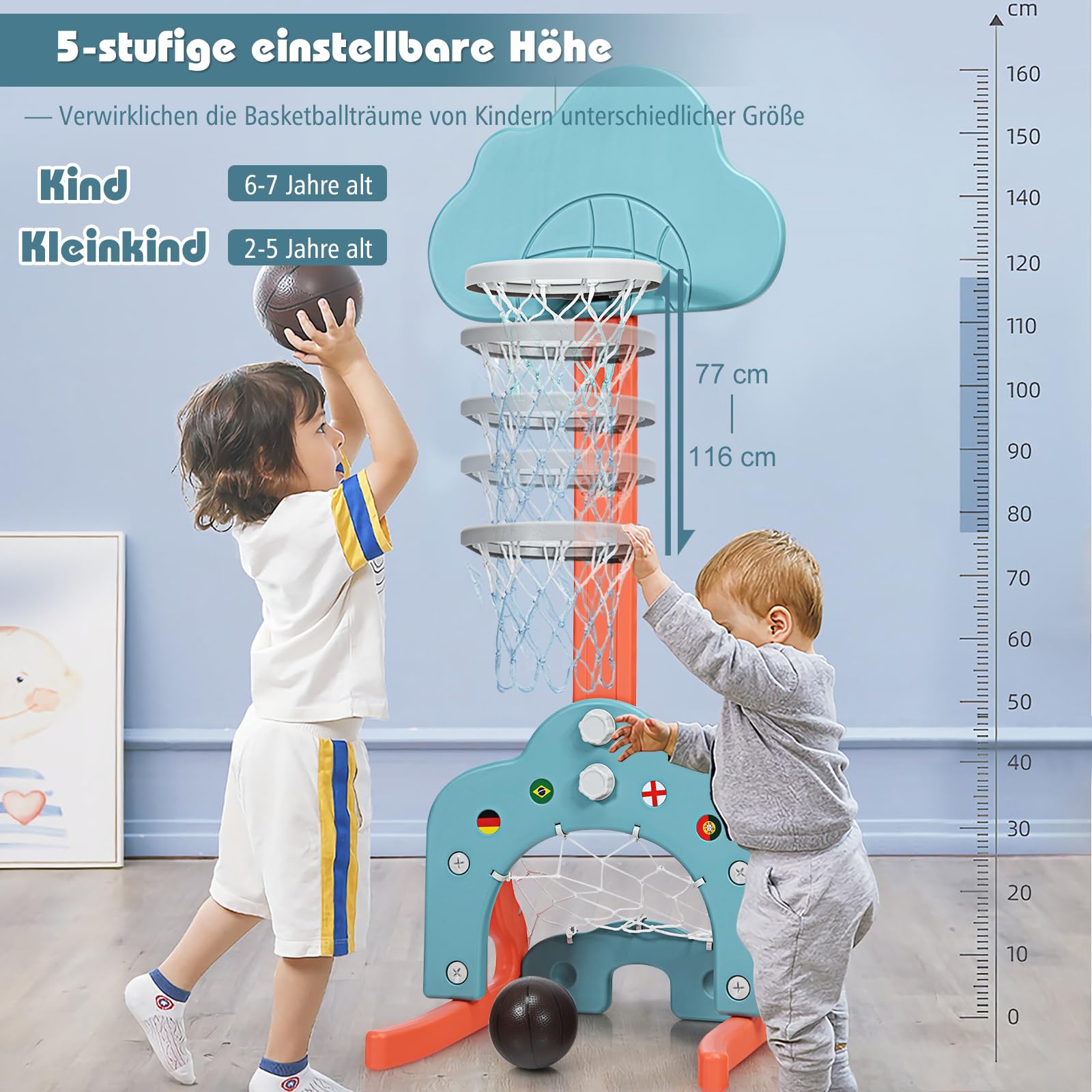 COSTWAY 3 in 1 Kinder Spielplatz, höhenverstellbarer Basketballkorb & Fußballtor & Golf, Basketballständer inkl. Bälle und Golf Club, Korbanlage für Kinder von 2-7 Jahren (Grün)