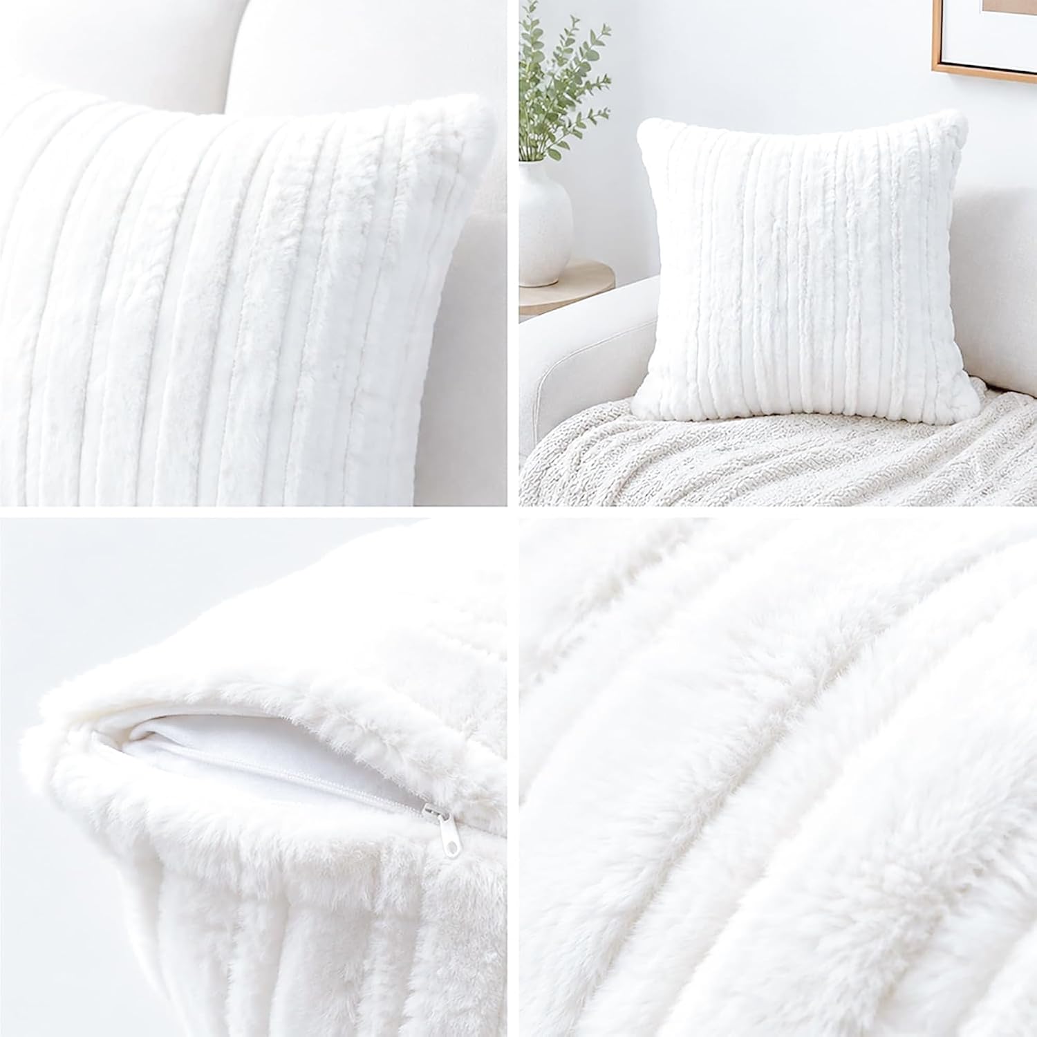 2Pack White Pillow Covers 18 x 18 Inch Fluffy Decorative Pillow Cases, Cozy Plush Striped Machine Washable Pillowcases with Hiding Zipper for Couch Sofa Bed