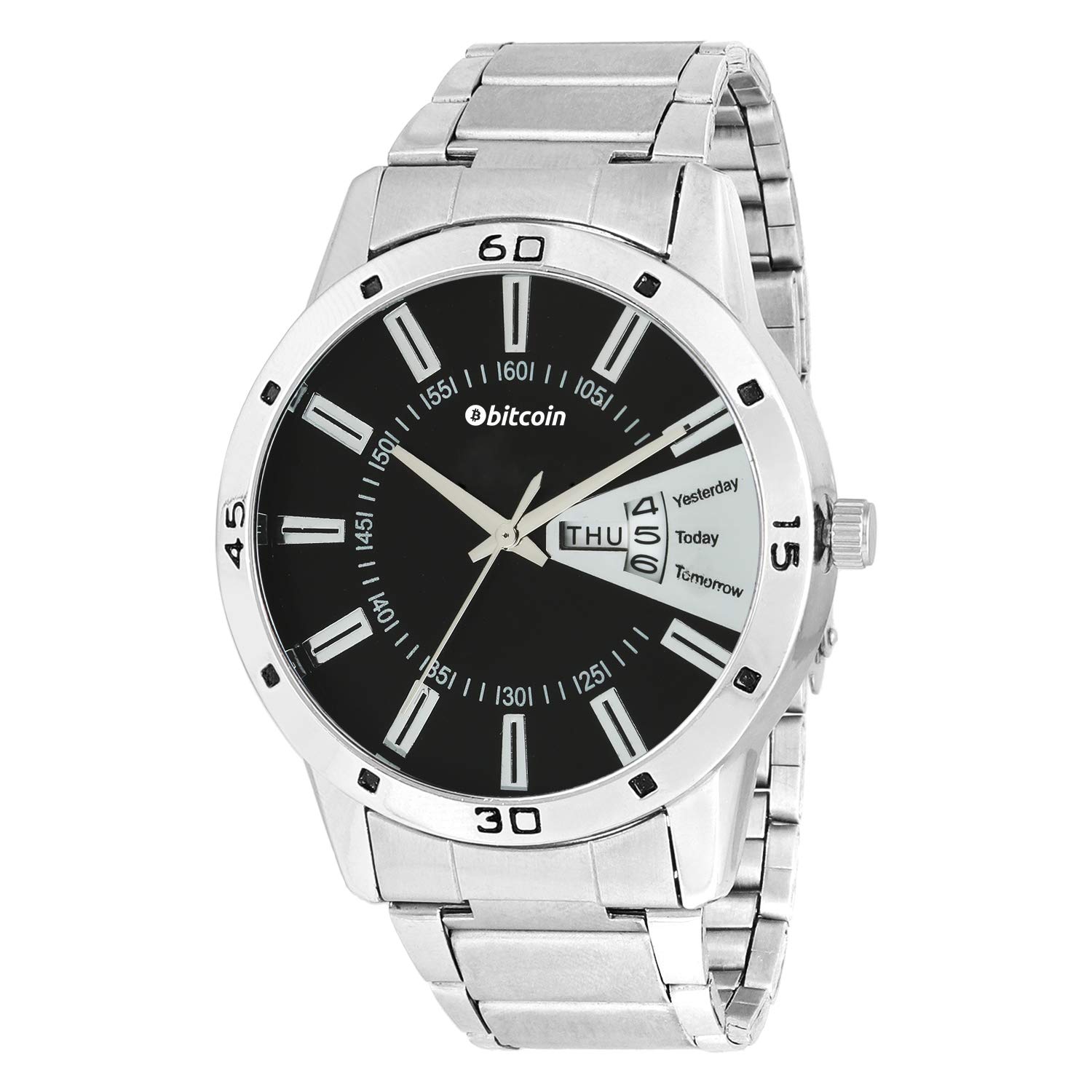 BITCOIN Analogue Silver Stainless Steel Chain Wrist Watches for Men with Day & Date Indicator (B092J6QZX4) Amazon Price History, Amazon Price Tracker