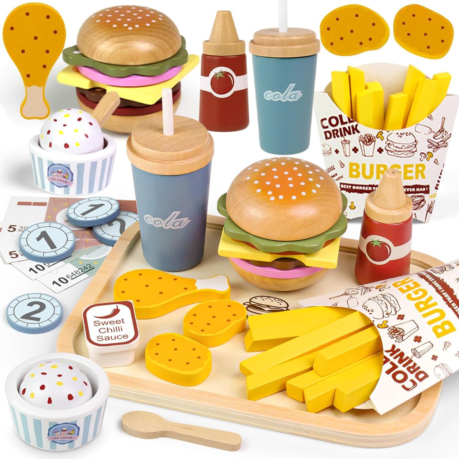 Airlab Kinderküche Spielküche Zubehör aus Holz, Küchenspielzeug Hamburger Fast Food Set Holz Lebensmittel Spielzeug mit Deutscher Speisekarte, Kaufladen Zubehör, Pädagogisches Rollenspiel Geschenk