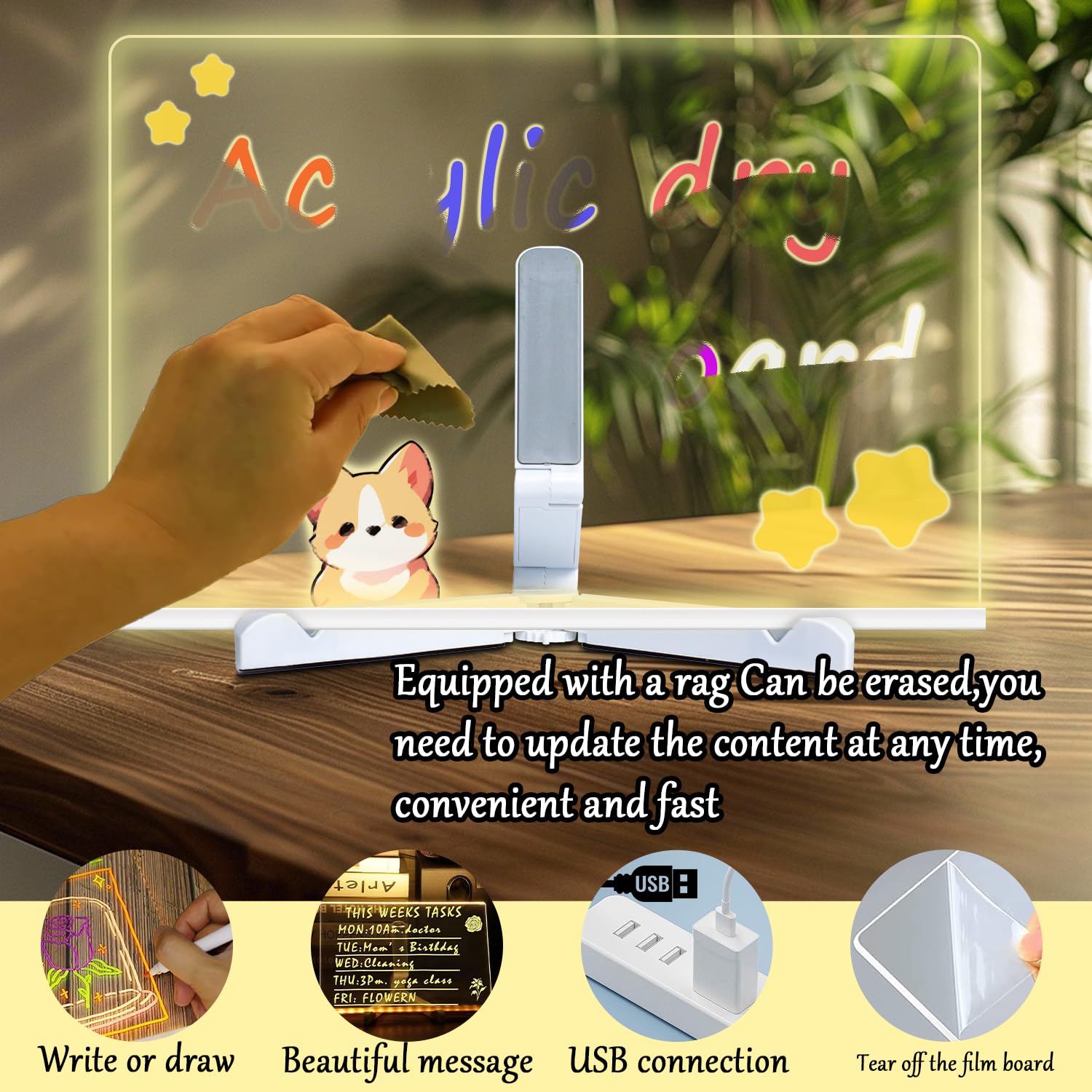 MOLHEM Acrylic LED Message Board with 7 Colors Pen/Stand,LED Writing Message Board Acrylic Dry Erase,Memo Tablet Letter Note Arts Doodle Whiteboard,Gifts for Child Home Office Cafe School 20cm x 20cm - Image 4