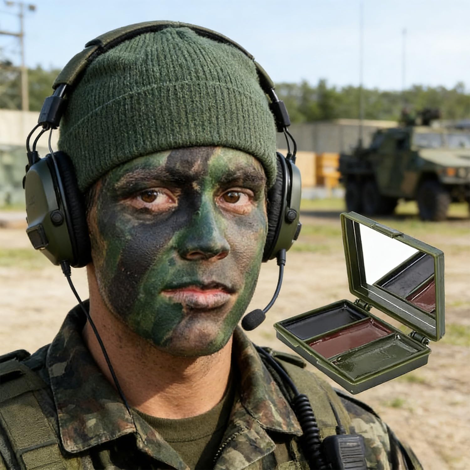 1 trucco mimetico, kit di 3 colori crema con specchio per addestramento militare o giochi CS Camo Woodland attrezzature militari (marrone, verde, nero)
