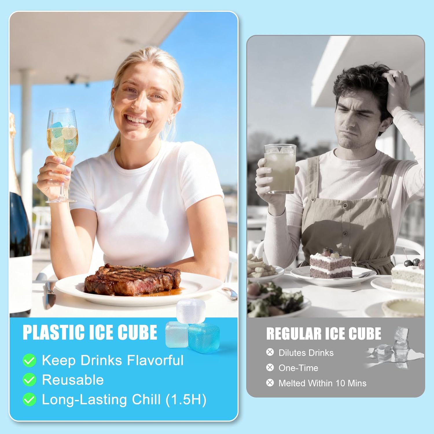 500 Pack Reusable Ice Cubes for Drinks, 15LBS Refreezable Plastic Ice Cubes, Non-Diluting, BPA-Free Ice Packs for Whiskey, Coffee, Cocktails, Beer, Camping, Coolers & Ice Bath (Blue&White)