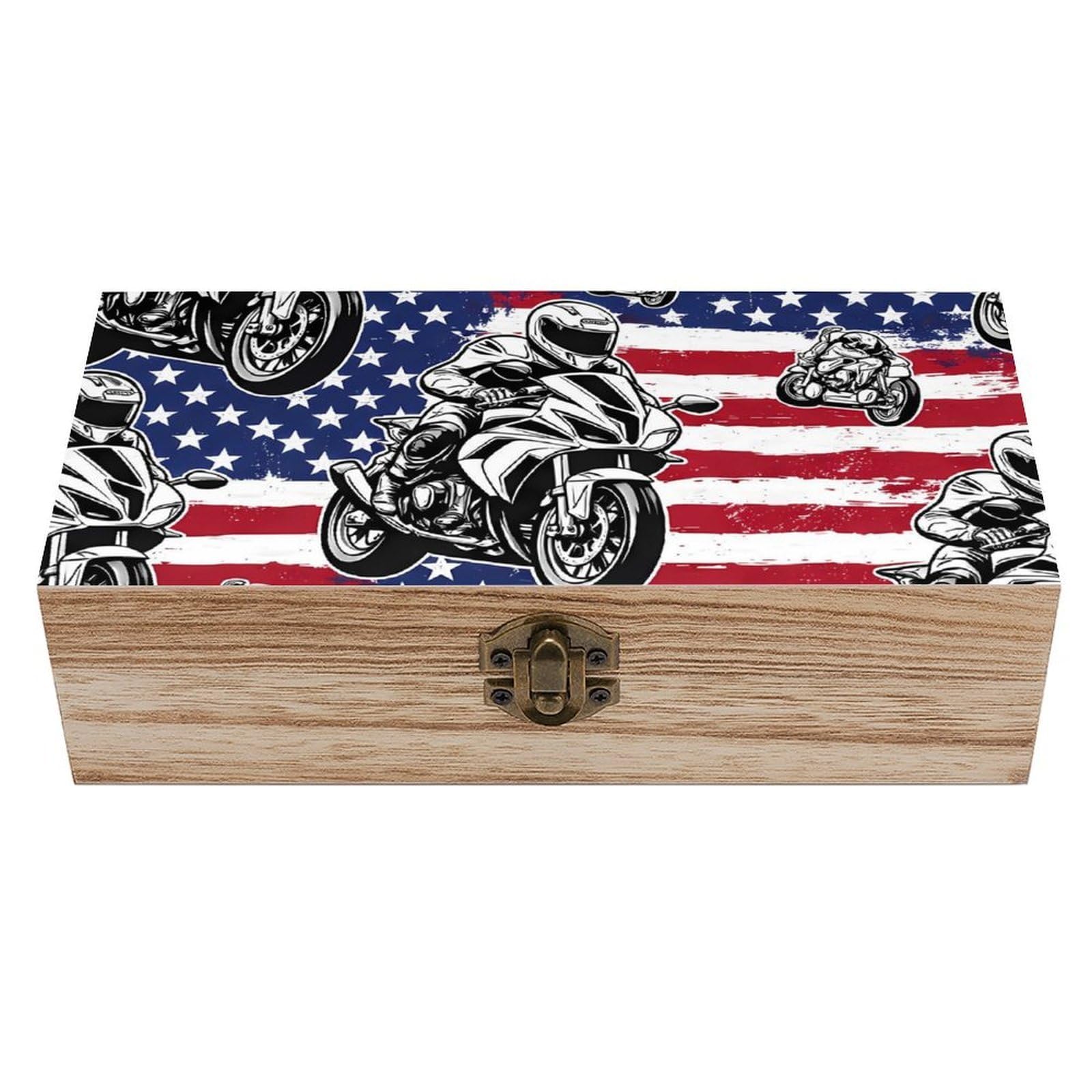 HLBSDM American Flag Dirt Bike Motocross Wooden Storage Box