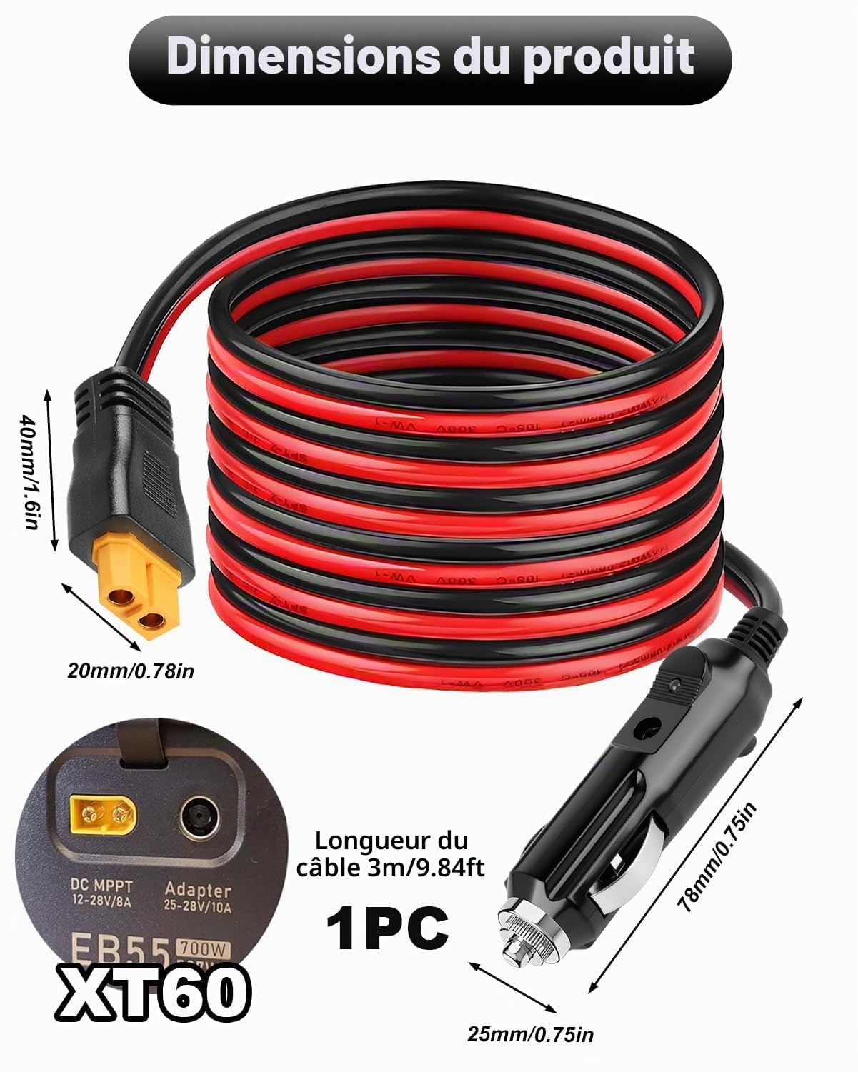 Adaptateur XT60 12V/24V DC pour ECOFLOW, chargeur de voiture 3M vers XT60 pour DELTA Delta 3 2 Max Bluetti EB55 Anker 757 767 SOLIX C200 C300 C1000 Générateur solaire XT60 Plug 16AWG Câble de charge