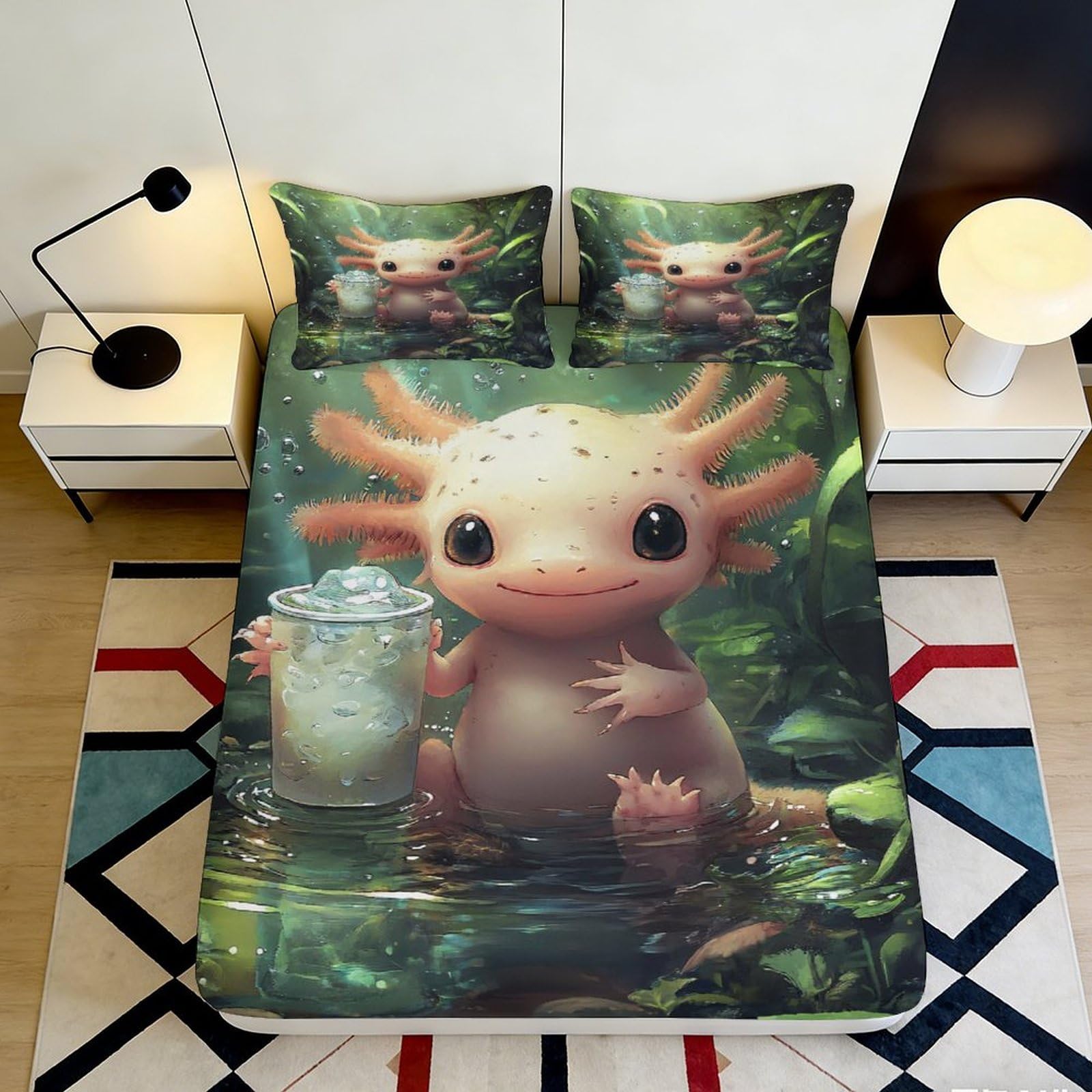 3D Printed Cute Axolotl Fitted Sheet Microfiber Soft Green Fantasy Forest Bed Cover for Bedroom Dorm Mattress Decor 90x200x25cm