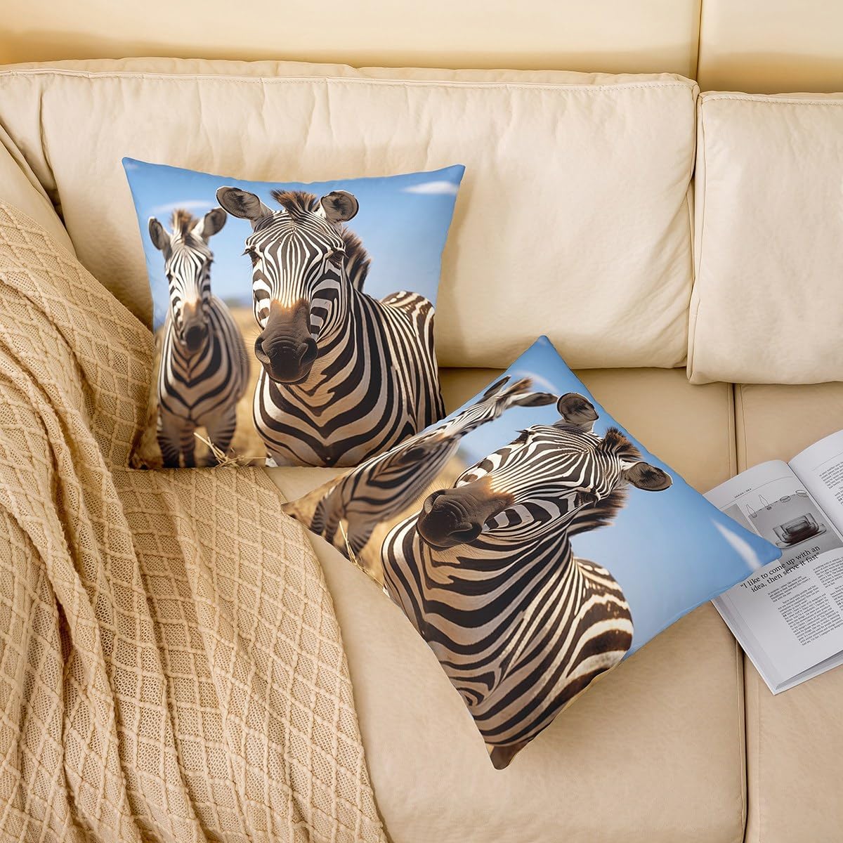 Homewish 3D Zebra Throw Pillow Cover Black White Zebra Skin Stripes Cushion Cover for Kids Teens Adults Natural Animal African Wildlife Decor Pillow Case for Car Office Chairs 24x24 Inch