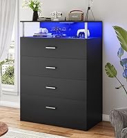 AOGLLATI 4 Drawer Black Dresser with Charging Station, RGB LED Lights & Modern Column Design for Bedroom Storage