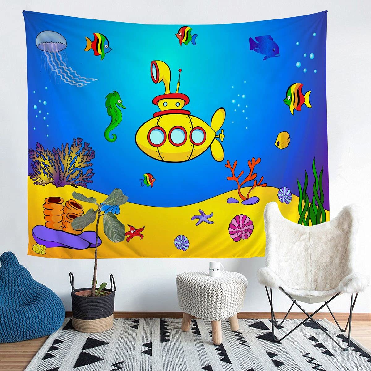 Homemissing Marine Underwater World Tapestry Wall Hanging Kids Ocean Fish Coral Yellow Submarine Colorful Tapestry Wall Hanging Sea Life Creature Wall Art for Bedroom Living Room,XLarge 69x91 Inch