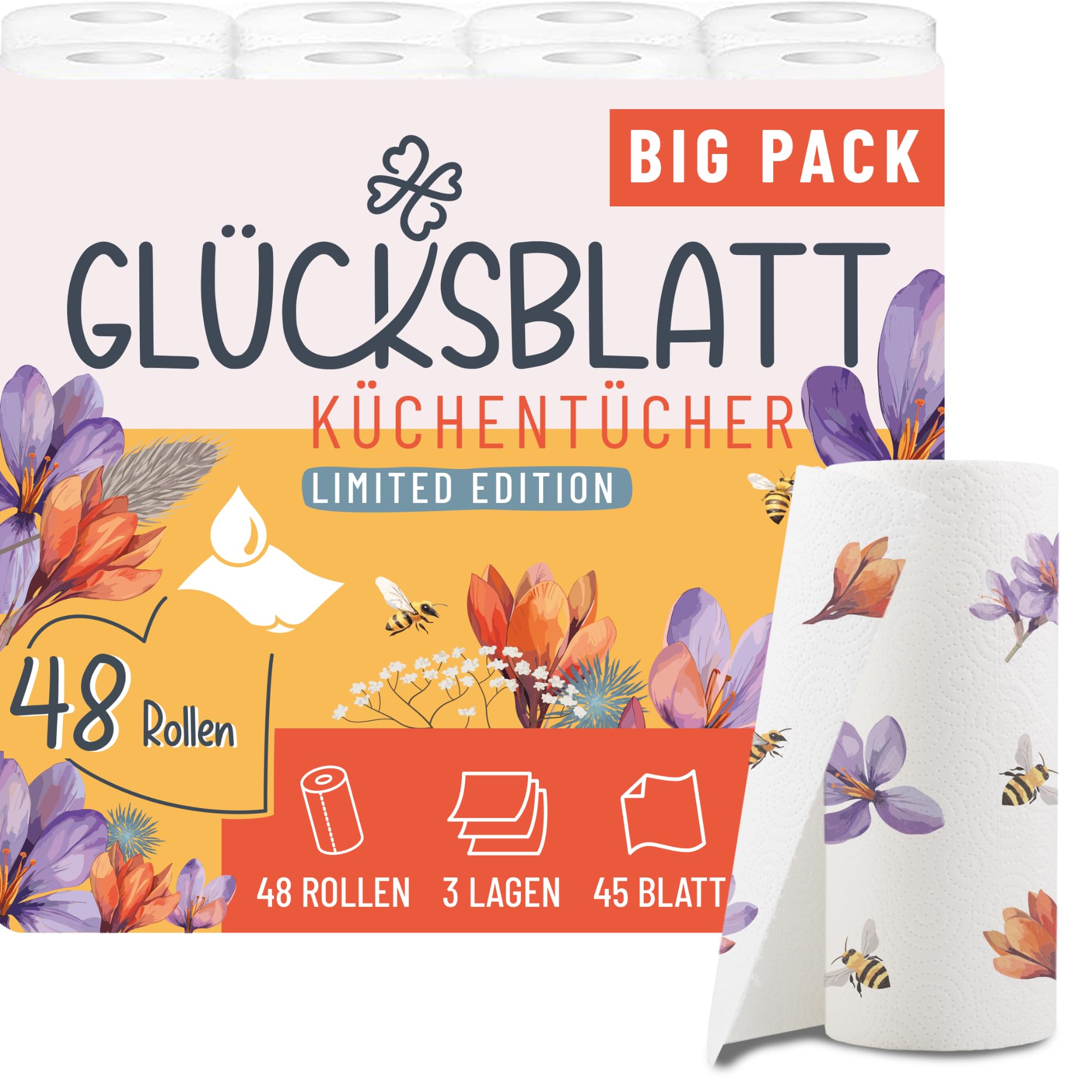 Glücksblatt Küchentücher mit bedruckten Motiven, 48 Rollen á 45 Blatt, 3-lagige Küchenrollen, 100% Zellstoff, nachhaltig, saugstarke Haushaltsrollen, Allzwecktücher, Papiertücher, Papierhandtücher