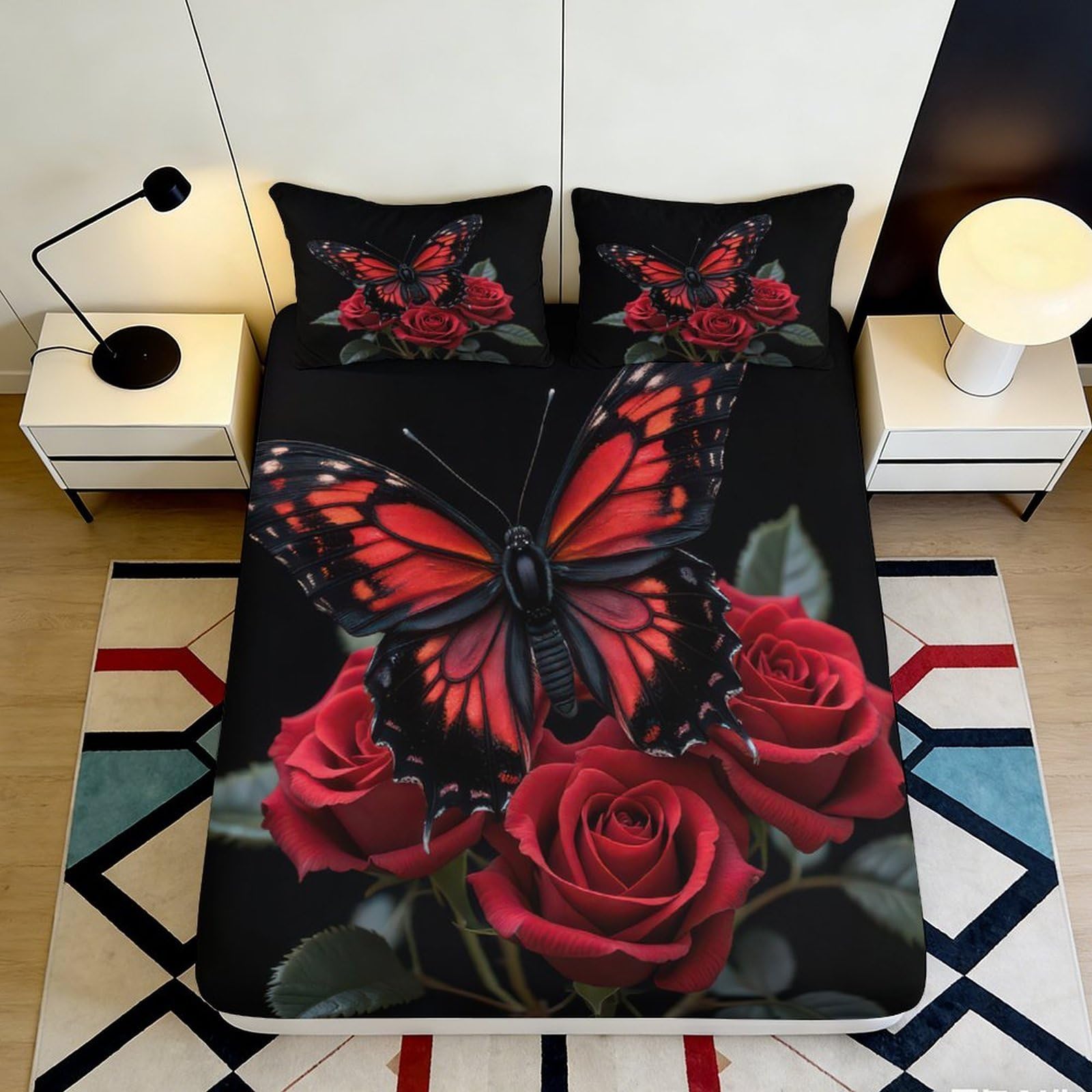 Dhbaneiok Style-6 3D Printed Red Butterfly Fitted Sheet Microfiber Rose Bed Cover Non-Slip Decor For Bedroom Guest Room Easy Care 90X200x25cm