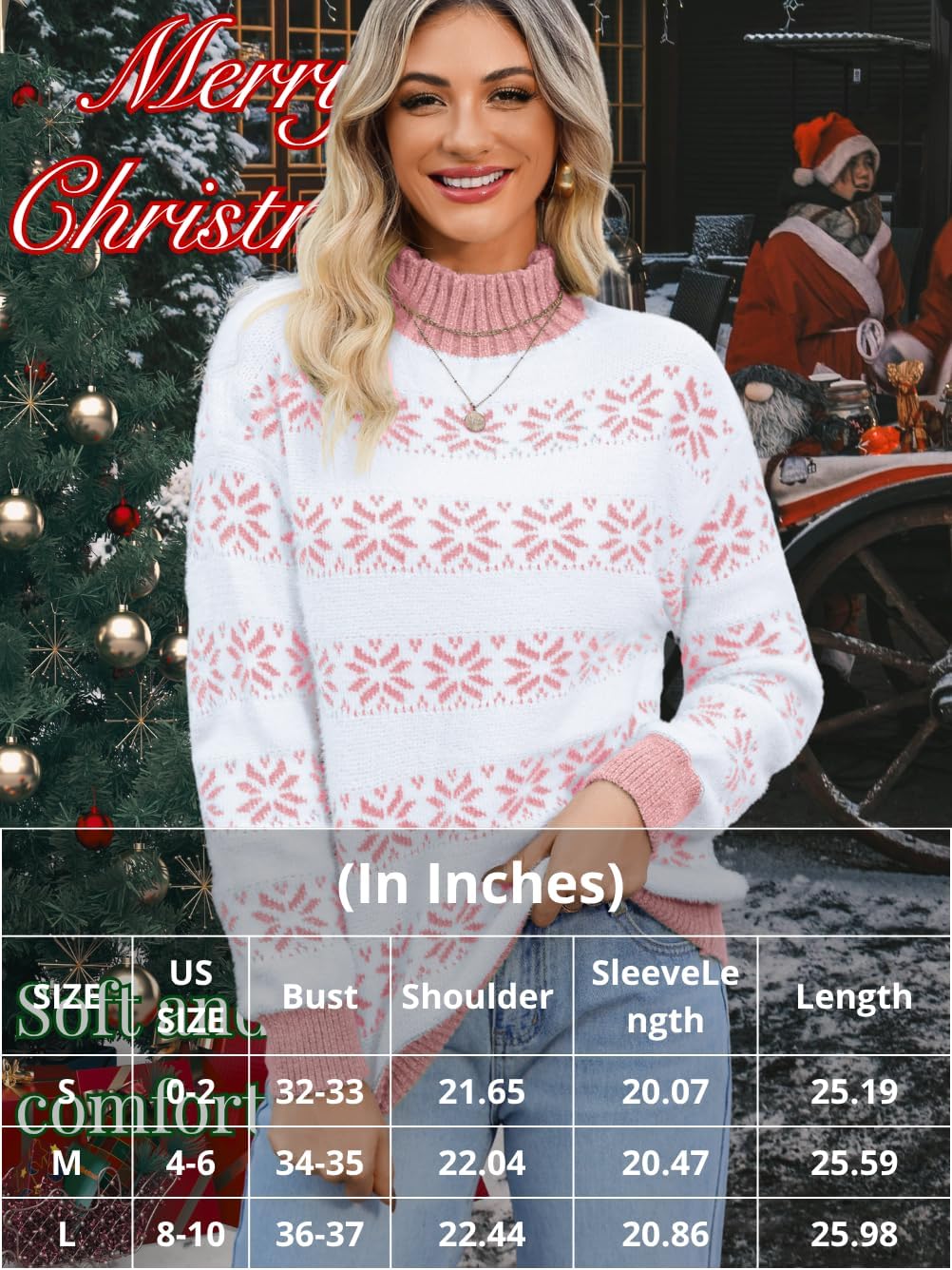 Women's Fuzzy Snowflake Sweater, Mock-Neck Long Sleeve Loose Pullover, Winter Warm Knit Top for Casual & Holiday - Image 6