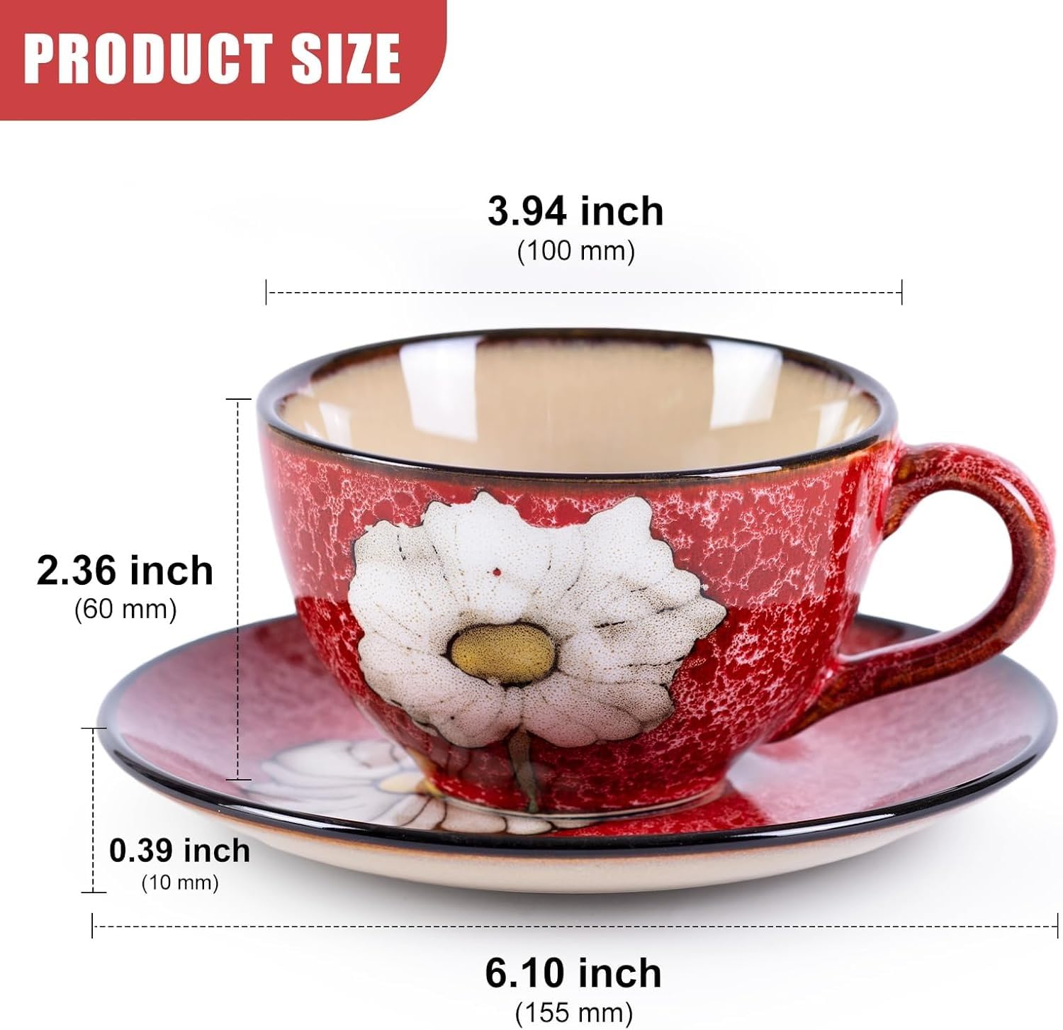 Cappuccino-Tassen, 4er-Set, 237 ml, florales Porzellan, Kaffeetassen für Zuhause, Küche und Büro, perfekt für Espresso, Latte, Americano, Milch und Tee