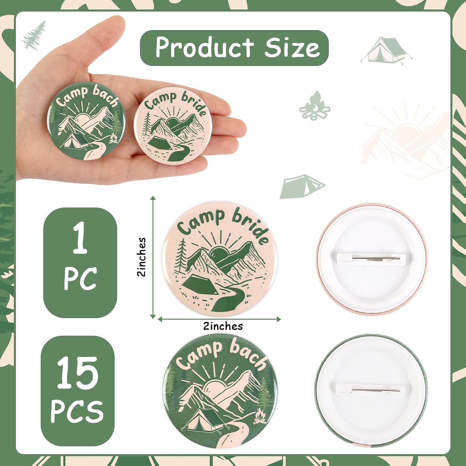 Serencatcher Camp Bachelorette Decorations Button Pins, 16pcs Camp Bride Camp Bach Pins Badges for Camping Bridal Shower Wedding Engagement Party Favors Team Bride Accessories