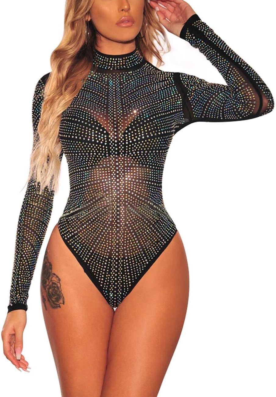 LradyWomen's Sheer Mesh Turtleneck Neck See Through Leotard Bodysuit Body Tops