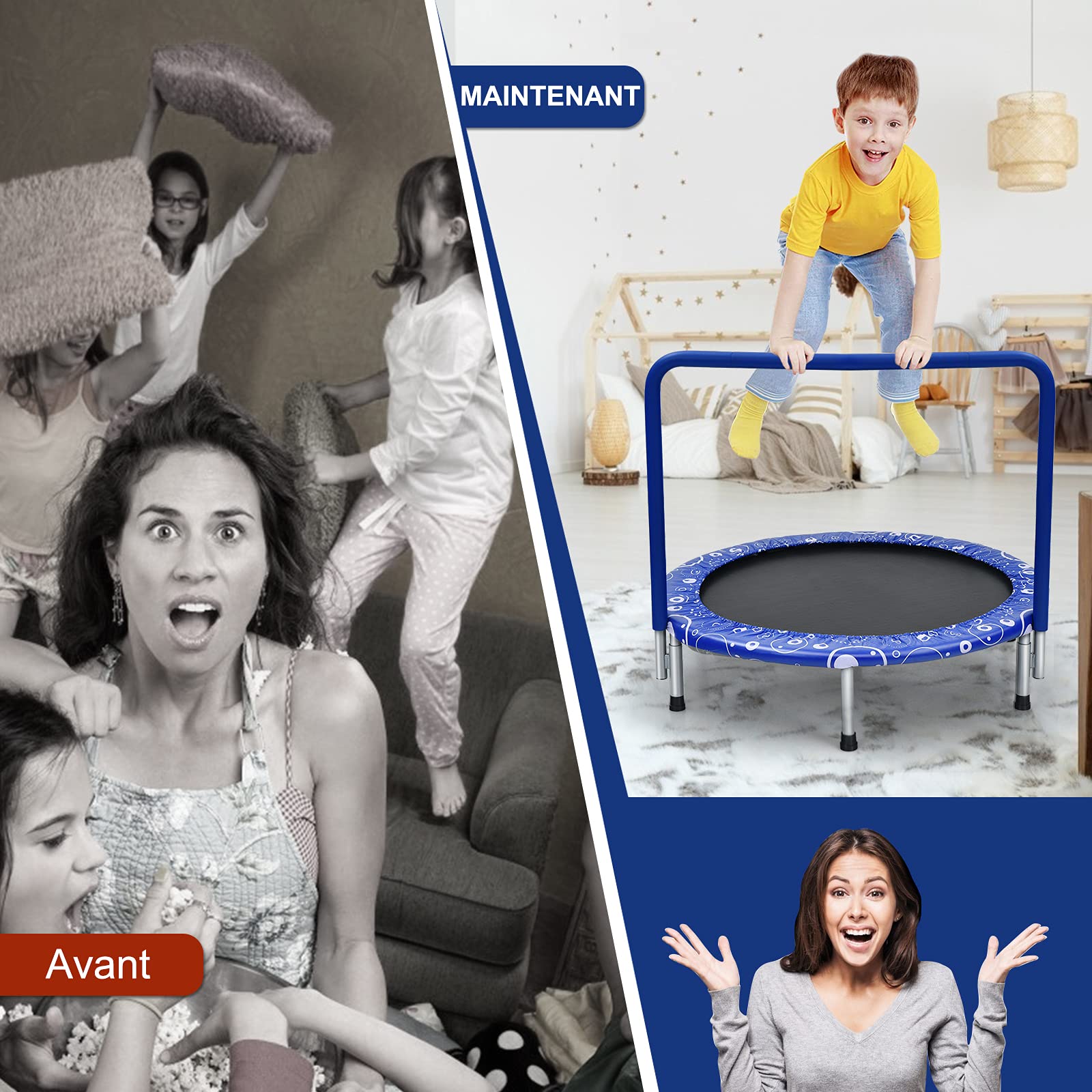 COSTWAY Trampoline de Fitnesse Enfants Pliable 92 cm, avec Housse de Sécurité Matelassée et Poignée Recouverte pour Intérieur Charge maximale 150 KG, Bleu