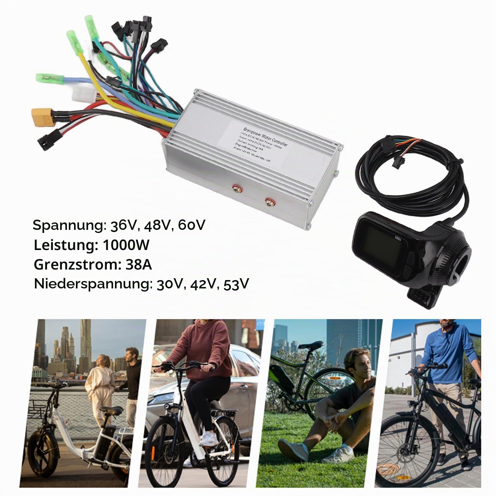 BuyWeek Elektrofahrrad Brushless Motor Controller Kit, 36V 48V 60V 1000W 38A Sinuswellen Bürstenloser Controller 886 Daumengas mit LCD Display für E-Bike Elektroroller