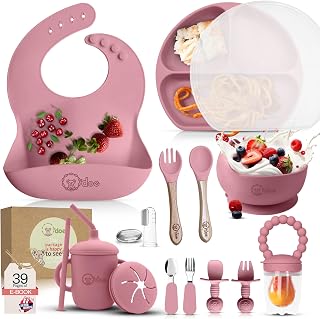 O'doe 17-Piece BPA-Free Silicone Baby Feeding Set | Thick & Soft Suction Plates, Baby Bowls, Wooden Fork & Spoon, and More | Make Mealtime Fun and Easy for Your Little One | Pink, V2