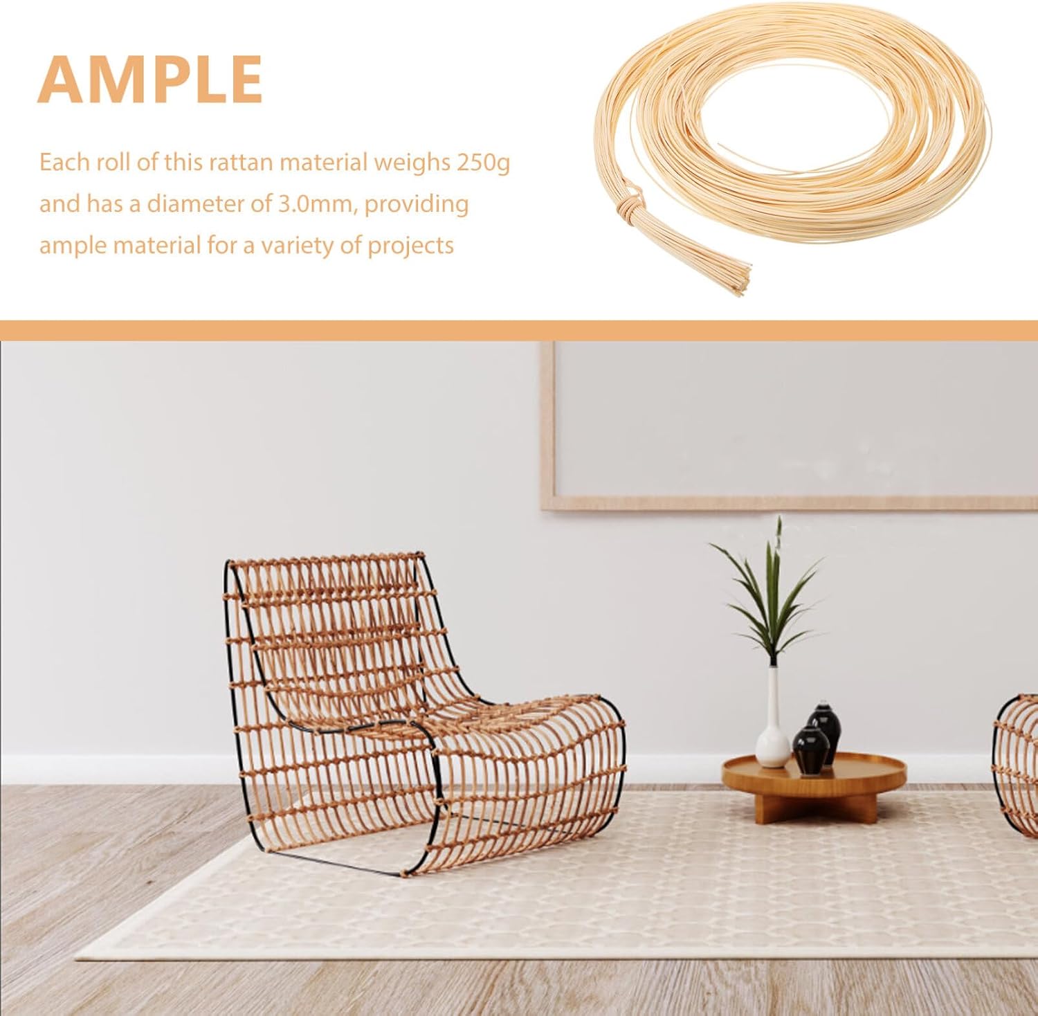 NUOBESTY 1 Roll Round Reed Spline Chair Cane Weaving Rattan Material DIY Furniture Repair Kit for DIY Craft Rattan Cane Webbing Basket Wicker Weaving