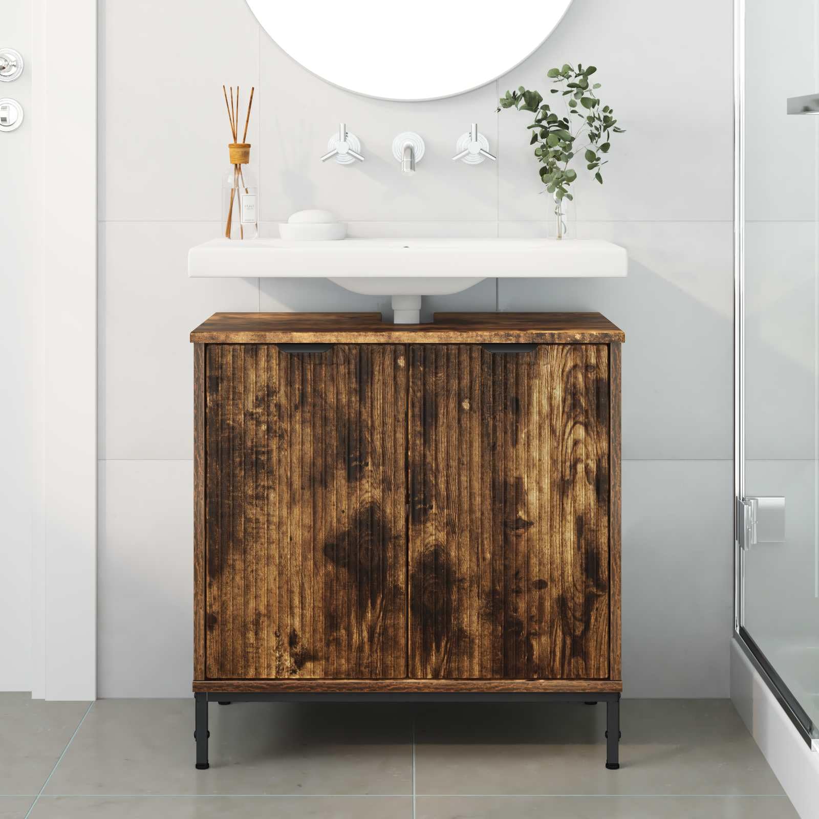 Mobile Lavabo Rovere Fumé 60,5 x 33,5 x 61 cm 2 Porte | Legno multistrato, gambe metallo, facile montaggio, carico max 60 kg, per bagno moderno
