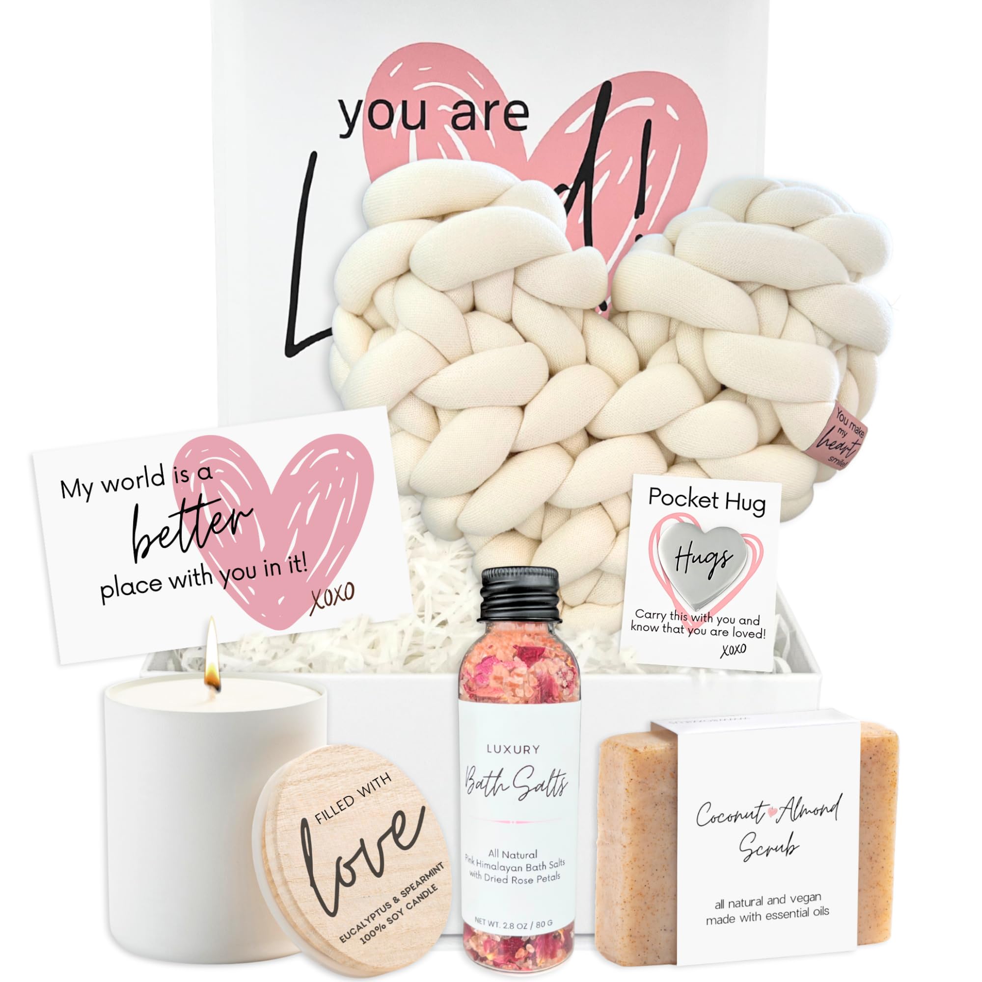 Boxzie You are Loved Gift Box Set for Women, Unique I Love You Gifts for Her, Sending Hugs Care Package - Basket with Pillow, Candle, Soap for Mom, Wife, Daughter, Sister, Best Friend, Grandma