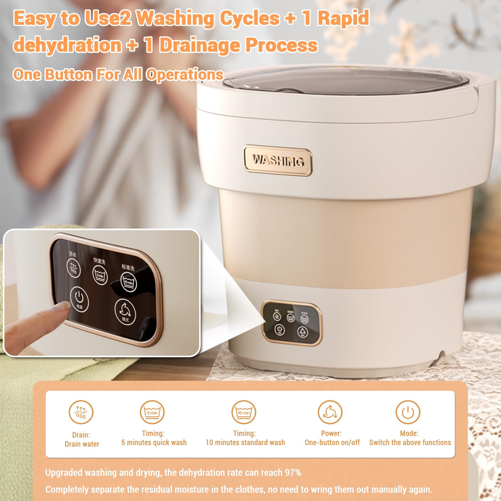 12L Portable Washing Machine with Spin Dryer, Mini Washing Machine with 2 Cleaning Modes & Touchscreen One-Button Operation, Small Washer for Underwear Baby Clothes Socks for Apartment Dorm Camping -A — view 4