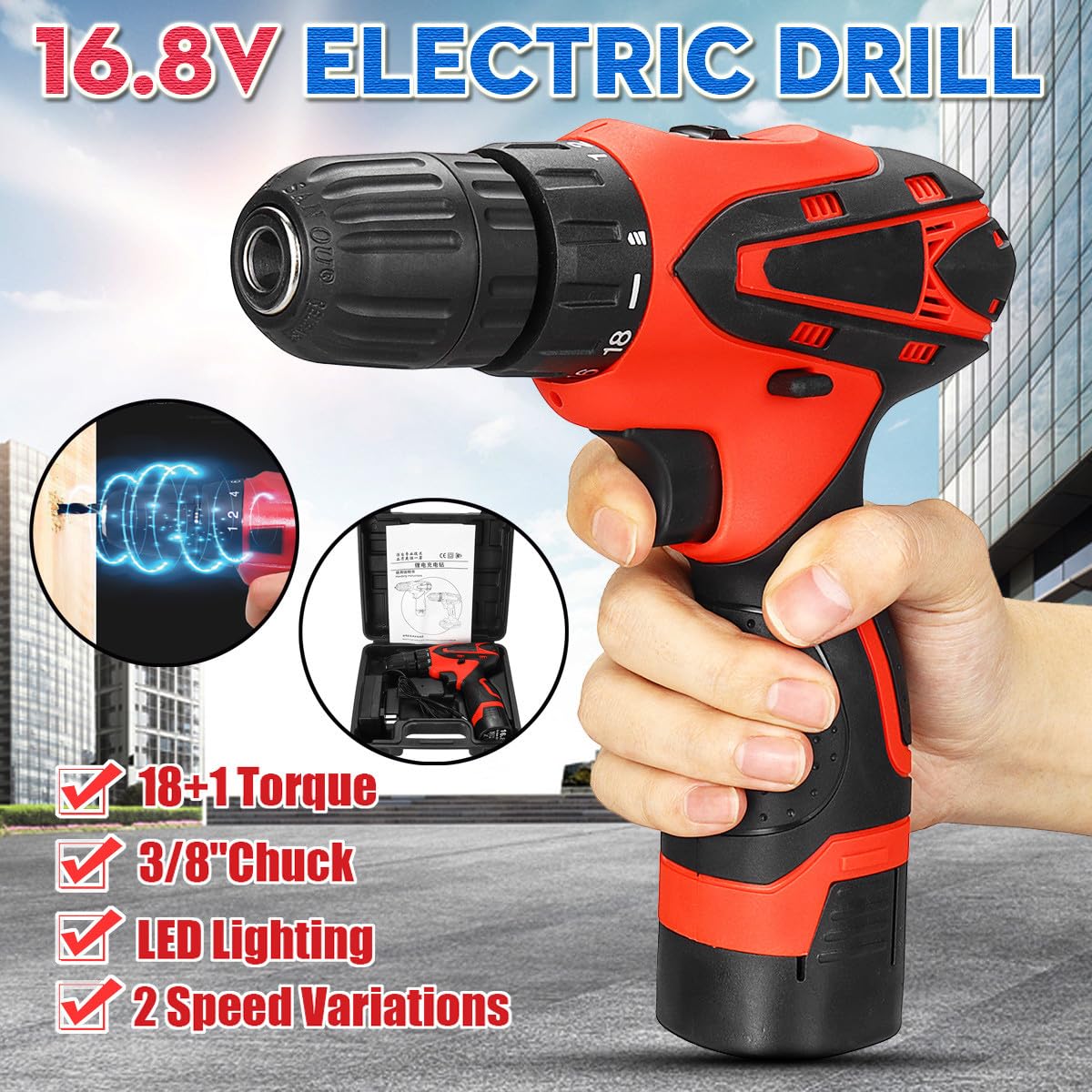 wiertarka, Akumulator litowo-jonowy 16,8 V, 2-biegowa elektryczna wiertarko-wkrętarka akumulatorowa 18+1 z etui do przechowywania