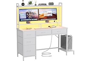 White Gaming Desk with Power Outlets & LED Lights & 5 Fabric...