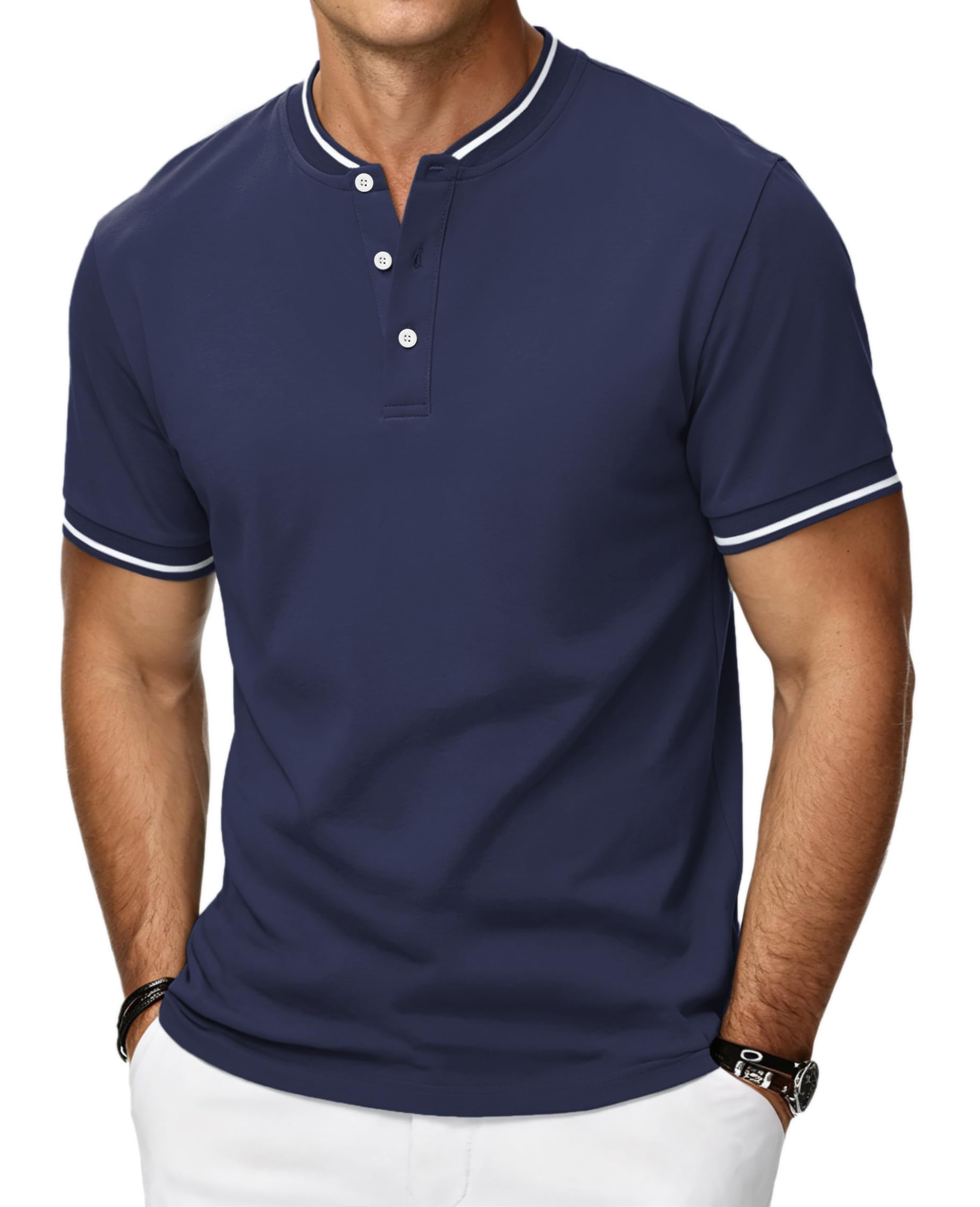 HMIYA Poloshirt Herren Kurzarm Atmungsaktiv Baumwolle Sommer Henley Knopfleiste Kontrastierender Einfassung Basic Golf T-Shirts