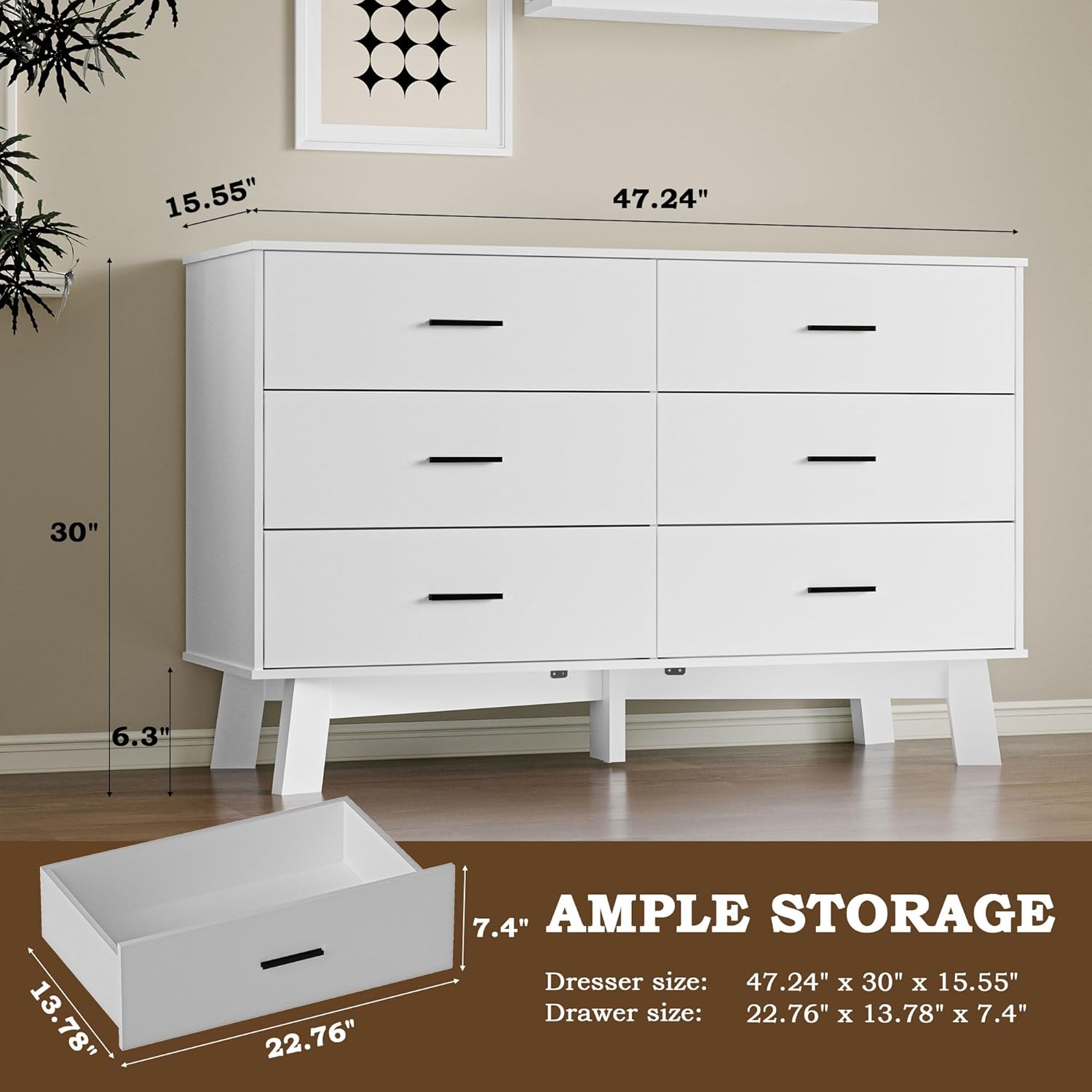 Image showing the dimensions of the BORNOON 6-drawer dresser and individual drawer.