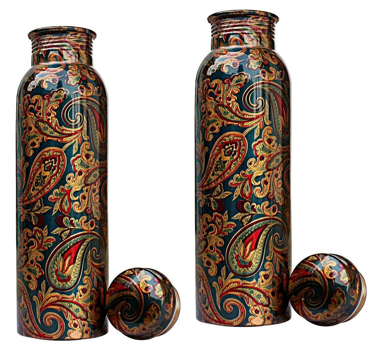 Copper Printed Water Bottle 1000ml (Green Print Combo Pack 2) Fridge & Family Pack Leak Proof