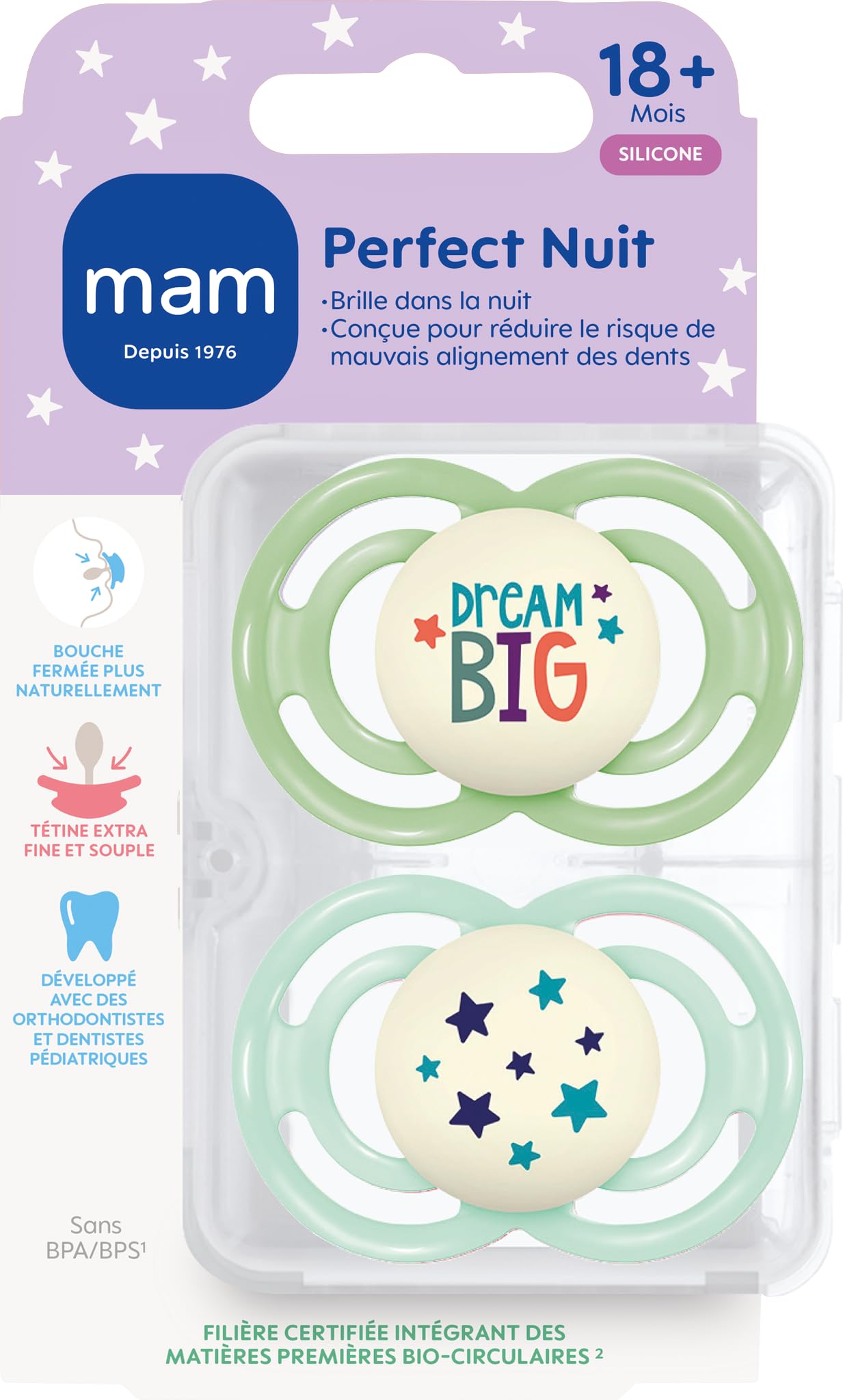 MAM | Sucette Perfect Nuit 18+ mois Tendance (2 pièces, la couleur ne peut être choisie) – Tétine nourrisson phosphorescente en silicone – Tétine bébé idéale pour un bon développement bucco-dentaire