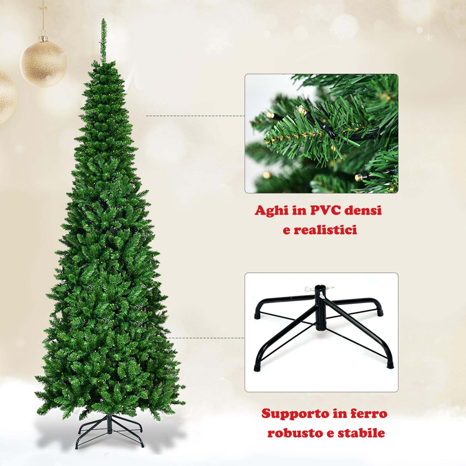 COSTWAY Albero di Natale 135/200/225 cm, Albero di Natale Slim con 150/250/350 Luci a LED Calde, 226/708/1085 Rami Folti e Base di Metallo, Ideale per Casa, Ufficio e Negozio (200 cm)