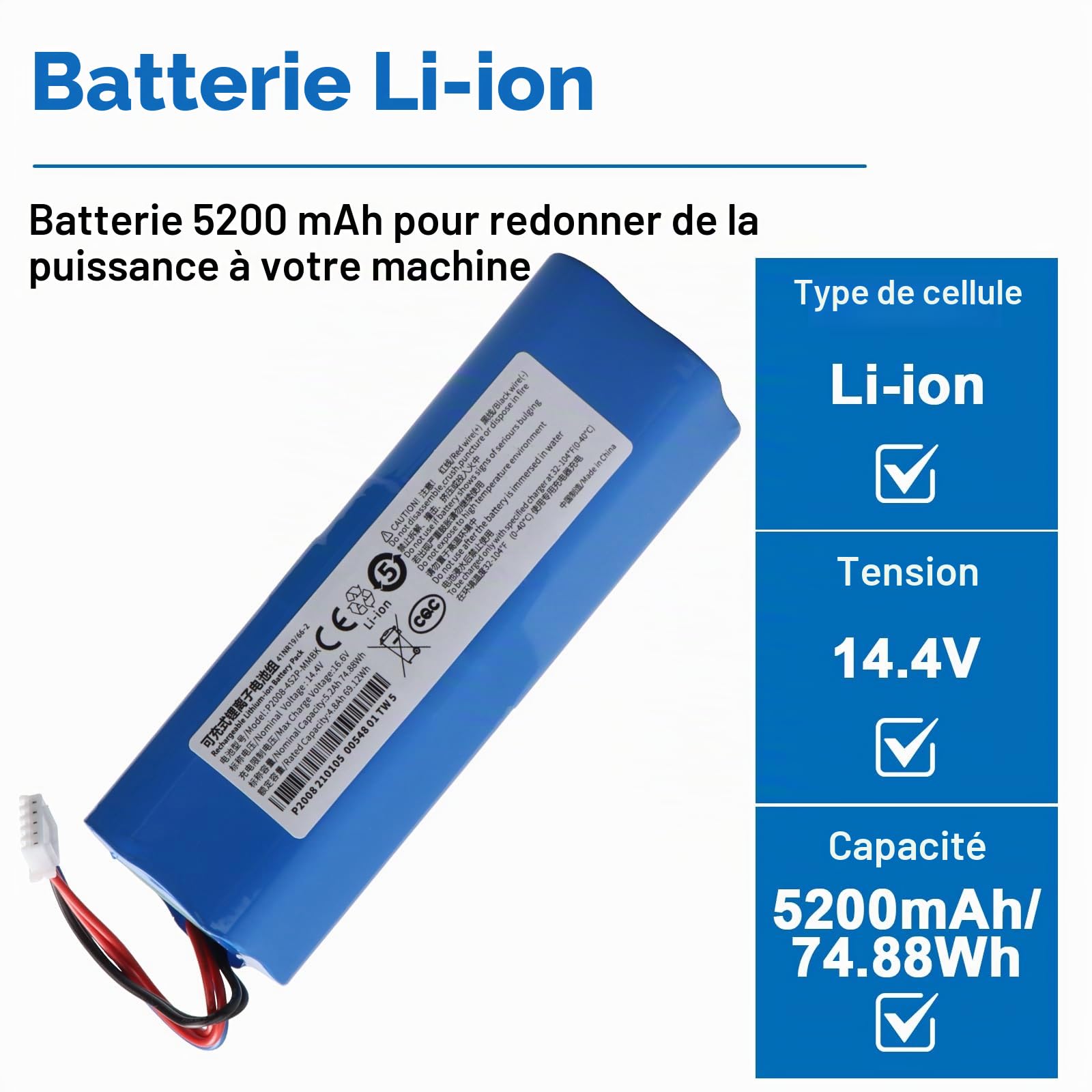 5200mAh S10-LI-144-5200 Batterie de Remplacement,Compatible avec Ecovacs Deebot T5 T8 T8+ T9 T9+,Deebot Ozmo 950 T10 T9 DX65 DX93 DX96 X1, Omni X1 Turbo X1 Plus DLX11-21/61 DBX11-11/21 Vacuum Cleaner