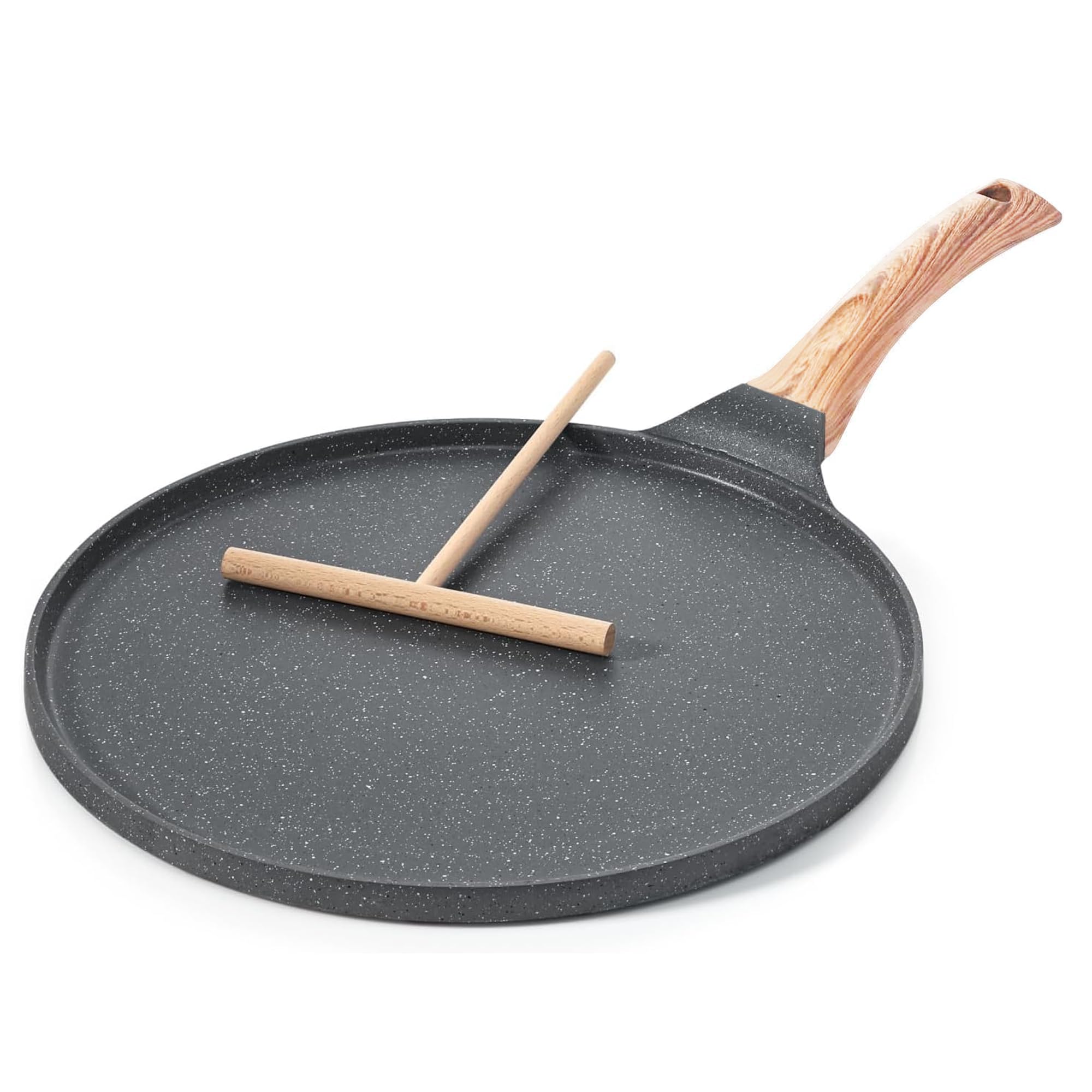 ATEK Padella per crêpe, rivestimento antiaderente con spalmatore in legno e manico per rimanere freschi, in granito resistente per fornelli, base a induzione, lavabile in lavastoviglie (26 cm)