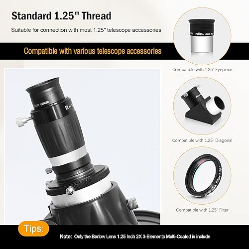Miniatura 12 de Astromania Barlow Lens 5 x 1.25 pulgadas - TeleXtender de metal multicapa de 4 elementos para telescopio - Accesorios de telescopio de diseño