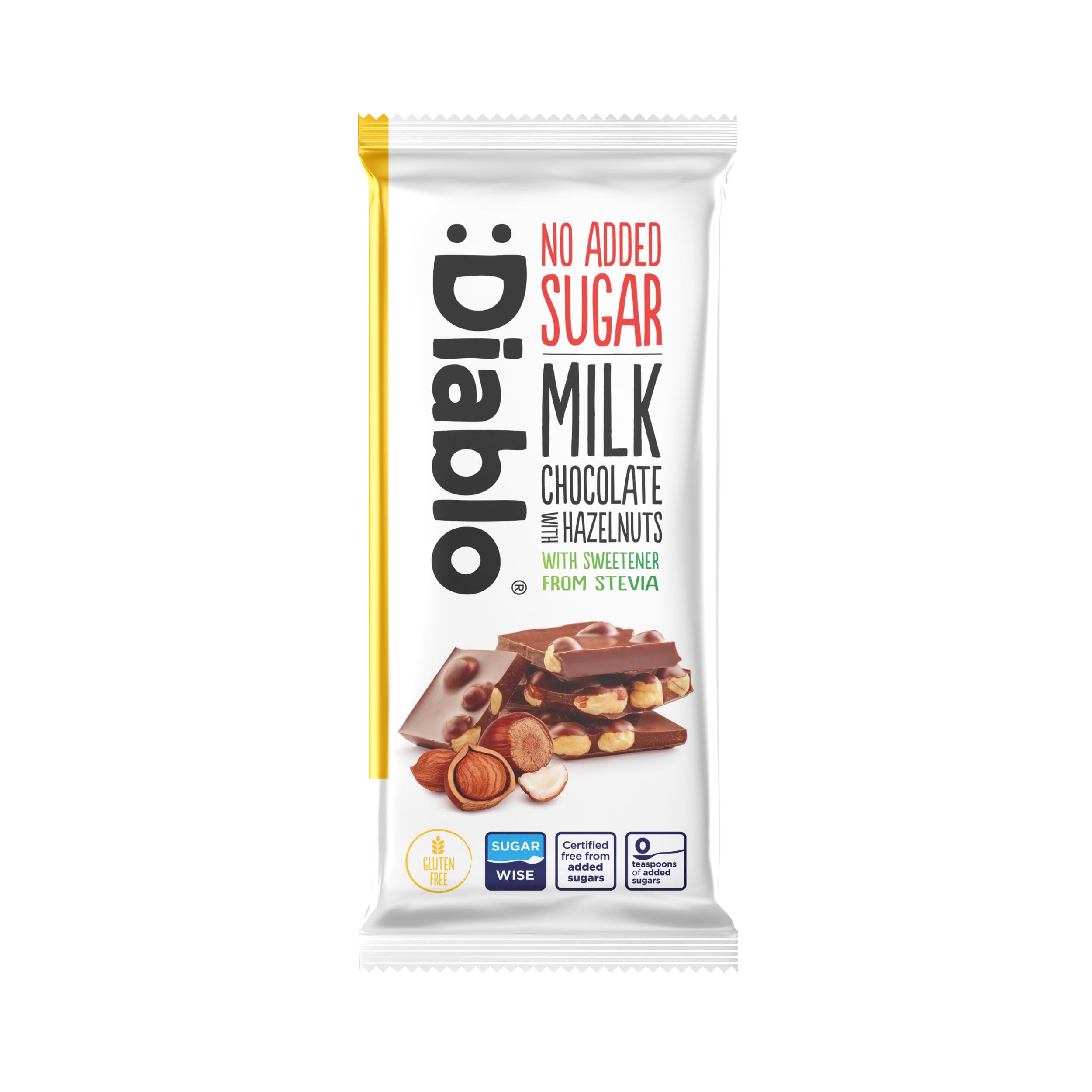 Diablo Milk Chocolate with Hazelnuts | Sweetened with Stevia | No Added Sugar | Gluten Free | Chocolate Hamper Available - Perfect for Gifting | 75g (Pack of 1)