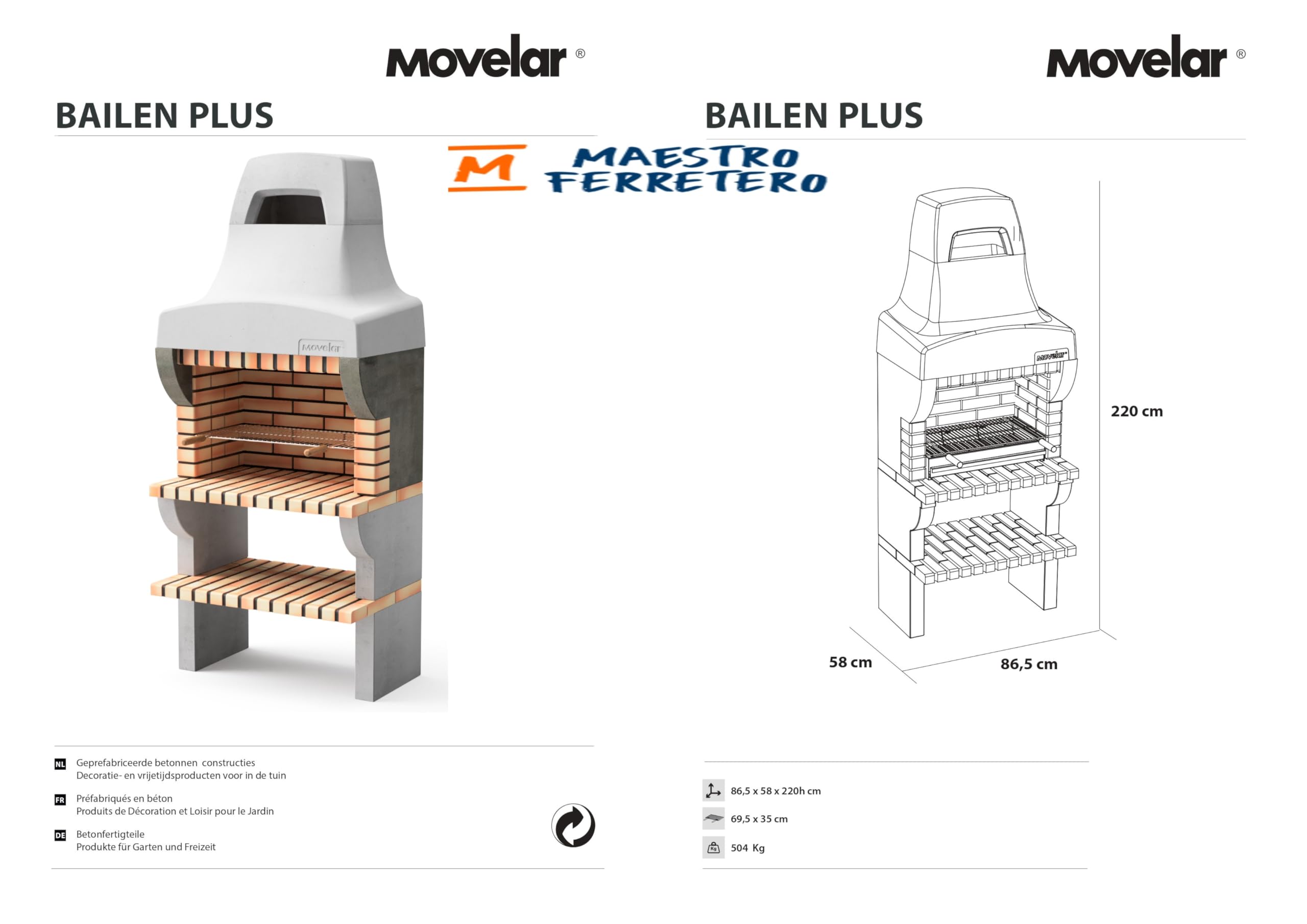MOVELAR - Barbacoa de Obra Prefabricada de Leña y Carbón Modelo Bailen Plus (Gris, Naranja - 86,5 x 58 x 220 cm) REF: M00519 - Cocina de Exterior con Chimenea para Jardín y Terraza