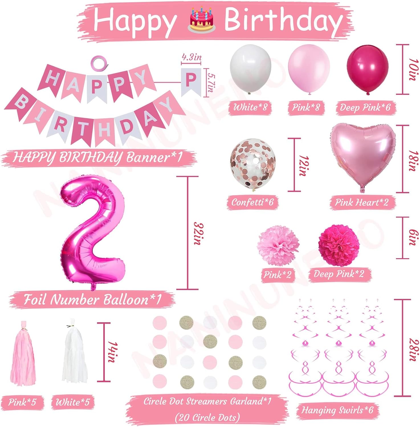 2nd Birthday Decorations for Baby Girl, Pink White 2 Happy Birthday Balloons, Birthday Party Supplies Including Pink Happy Birthday Banner, Number 2 Foil Balloons - Image 2