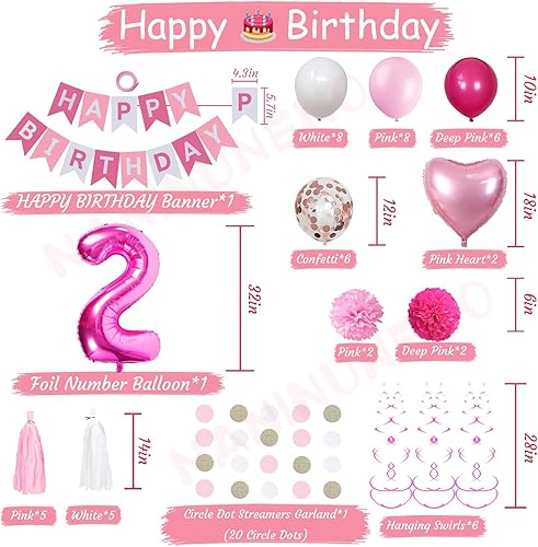 Miniatura 2 de Decoraciones de cumpleaños de 2 cumpleaños para niña bebé, globos de feliz cumpleaños rosa y blanco, suministros de fiesta de segundo cumpleaños