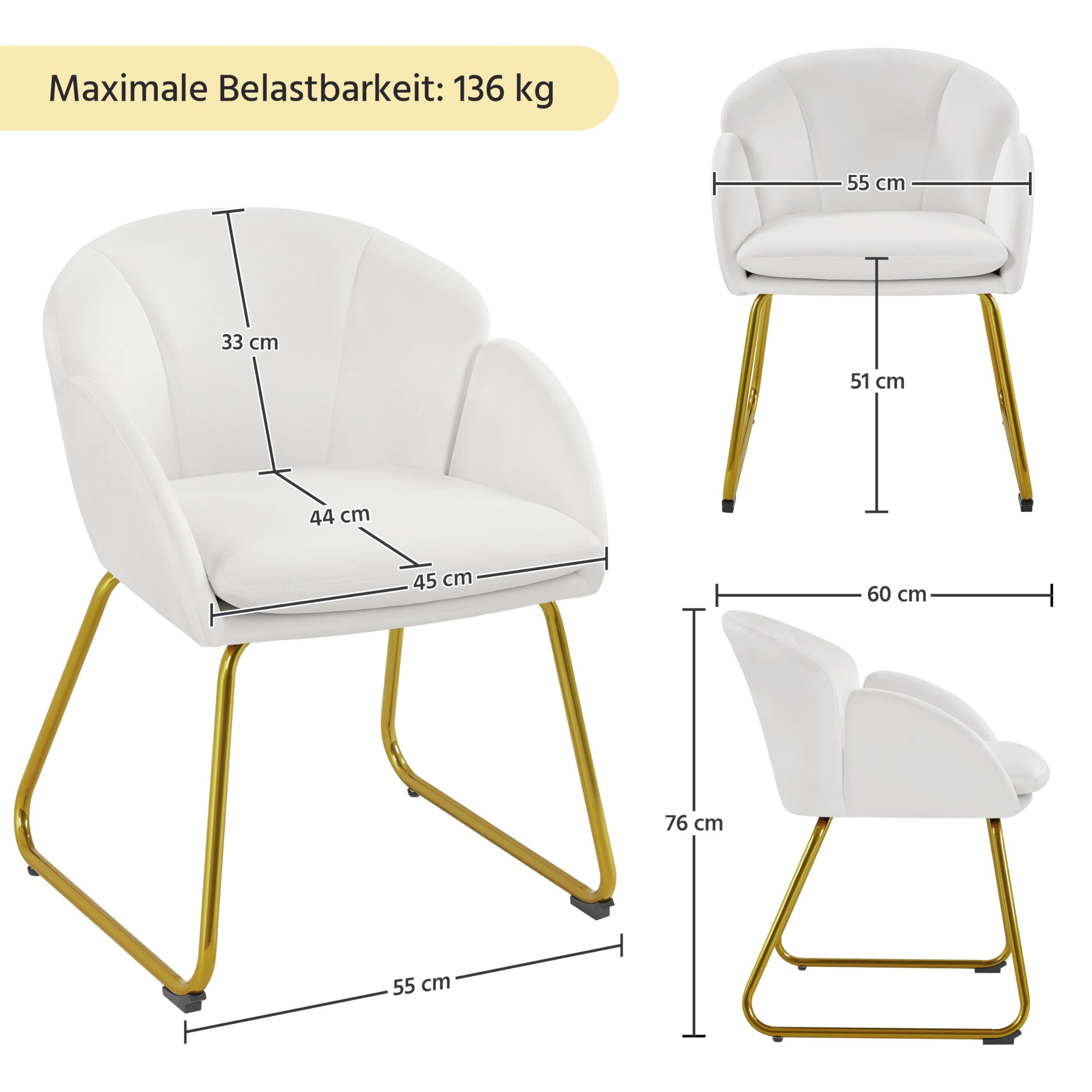 Yaheetech Sedia da pranzo moderna a forma di fiore, poltrona imbottita con gambe in metallo oro, per soggiorno/sala da pranzo bianco
