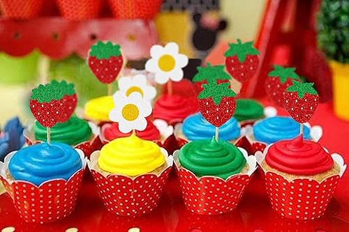 Miniatura 2 de TSJ 16 piezas de fresa para cupcakes con purpurina, palitos de frutas, decoración de pasteles para fiesta temática de fresas, baby shower