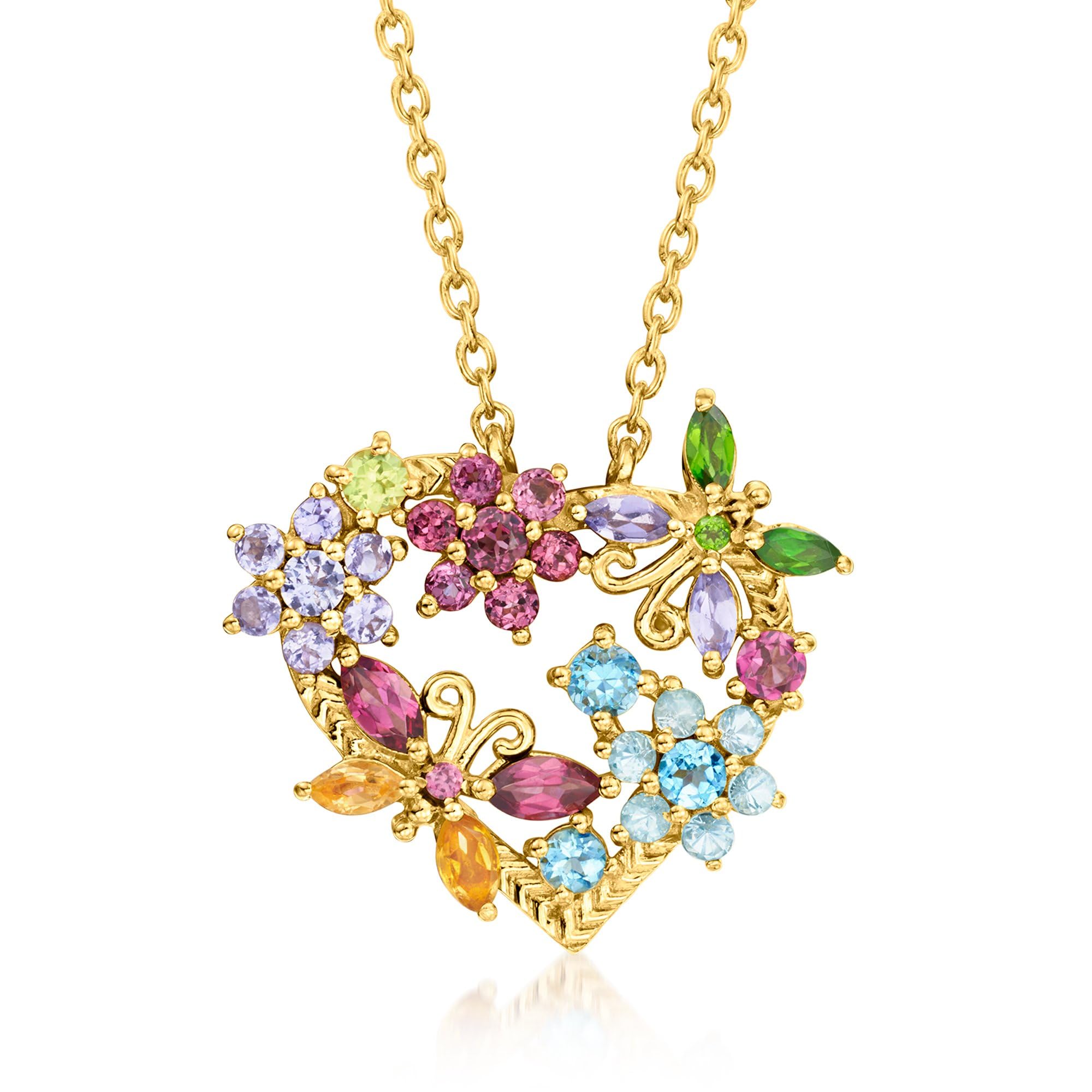 Ross-Simons 1.88 ct. t.w. Multi-Gemstone Flower and Butterfly Heart Necklace in 18kt Gold Over Sterling. 18 inches