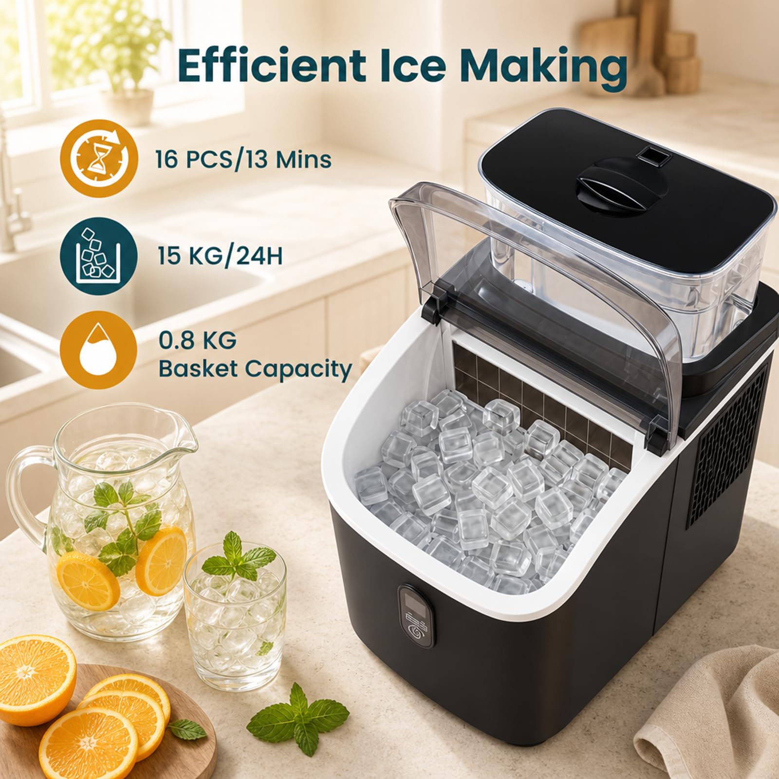LIFEZEAL Máquina de Hielo 15kg/24h Silenciosa Ajustable (Negro) | Fabrica 16 Cubitos en 13 min, 13 Grosores, Autolimpieza, Temporizador 24h, Uso Doméstico Portátil, Cocina, Oficina